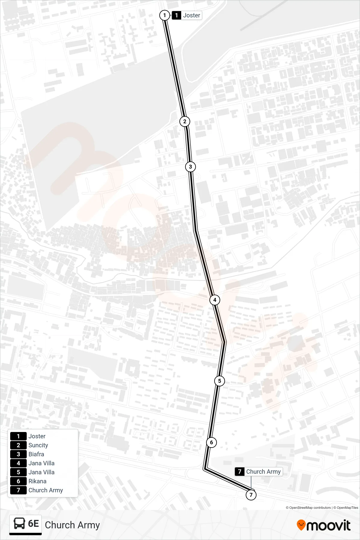 6E bus Line (Church Army) route and stops on a map