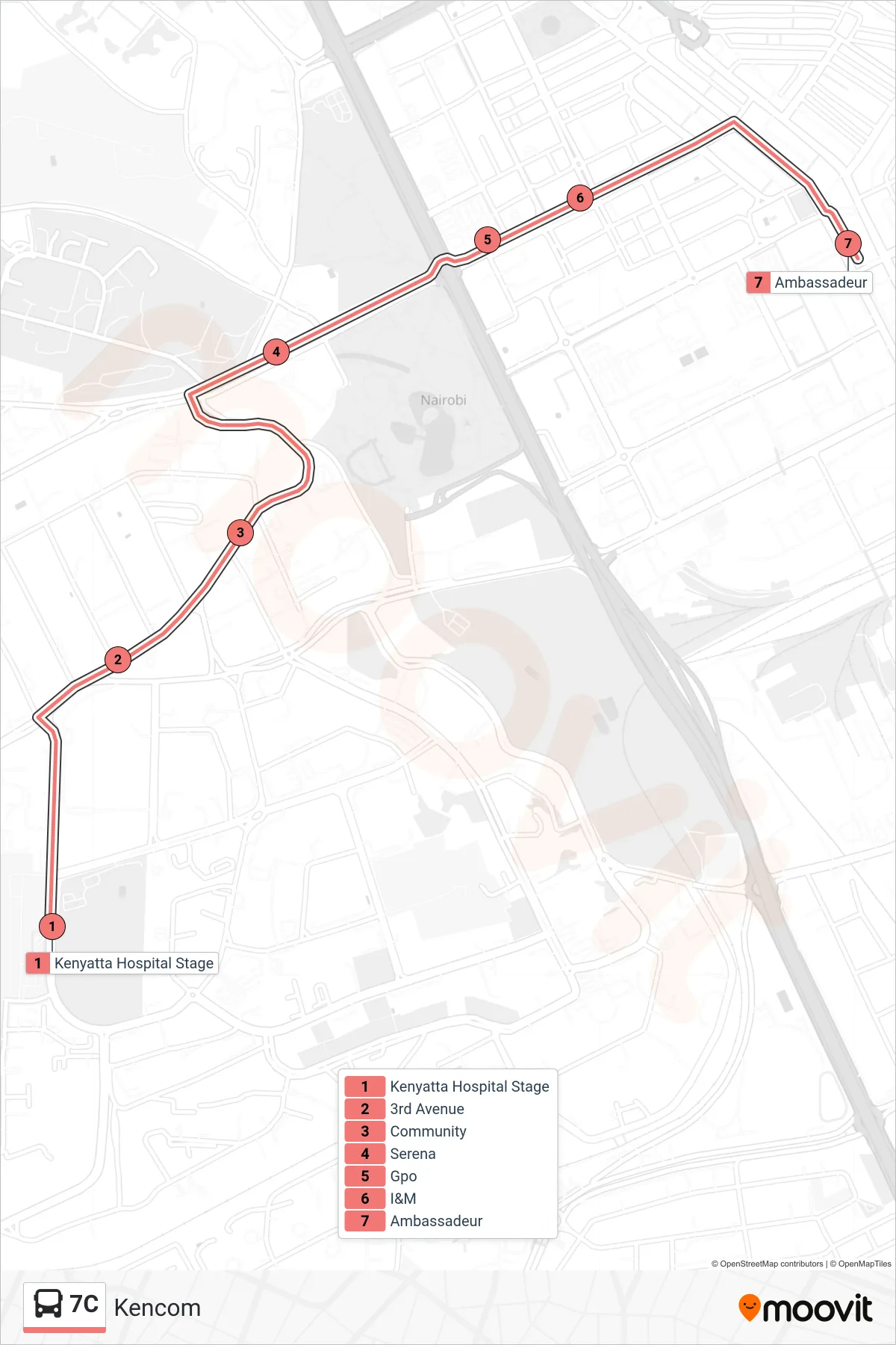 7C bus Line (Kencom) route and stops on a map