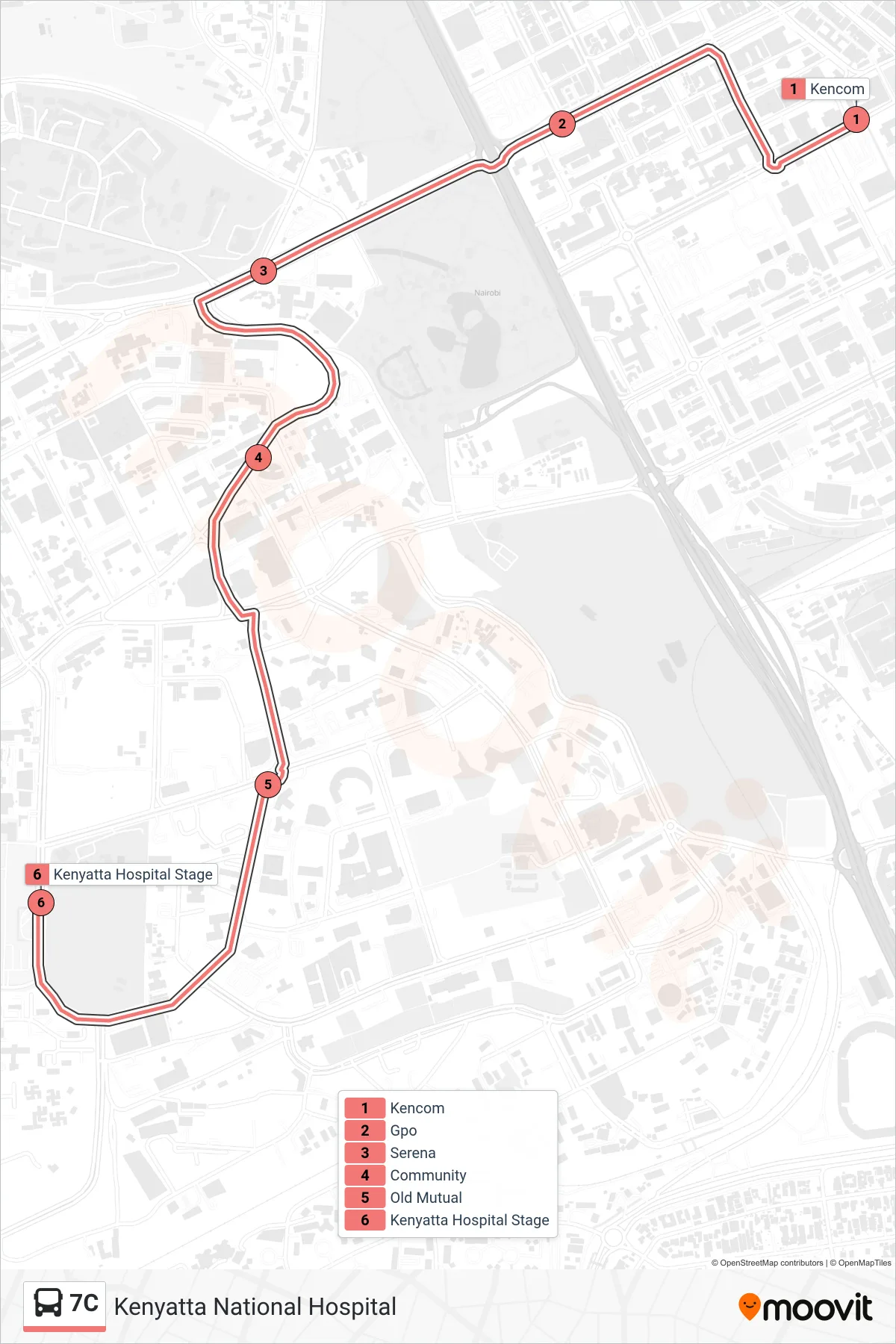 7C bus Line (Kenyatta National Hospital) route and stops on a map