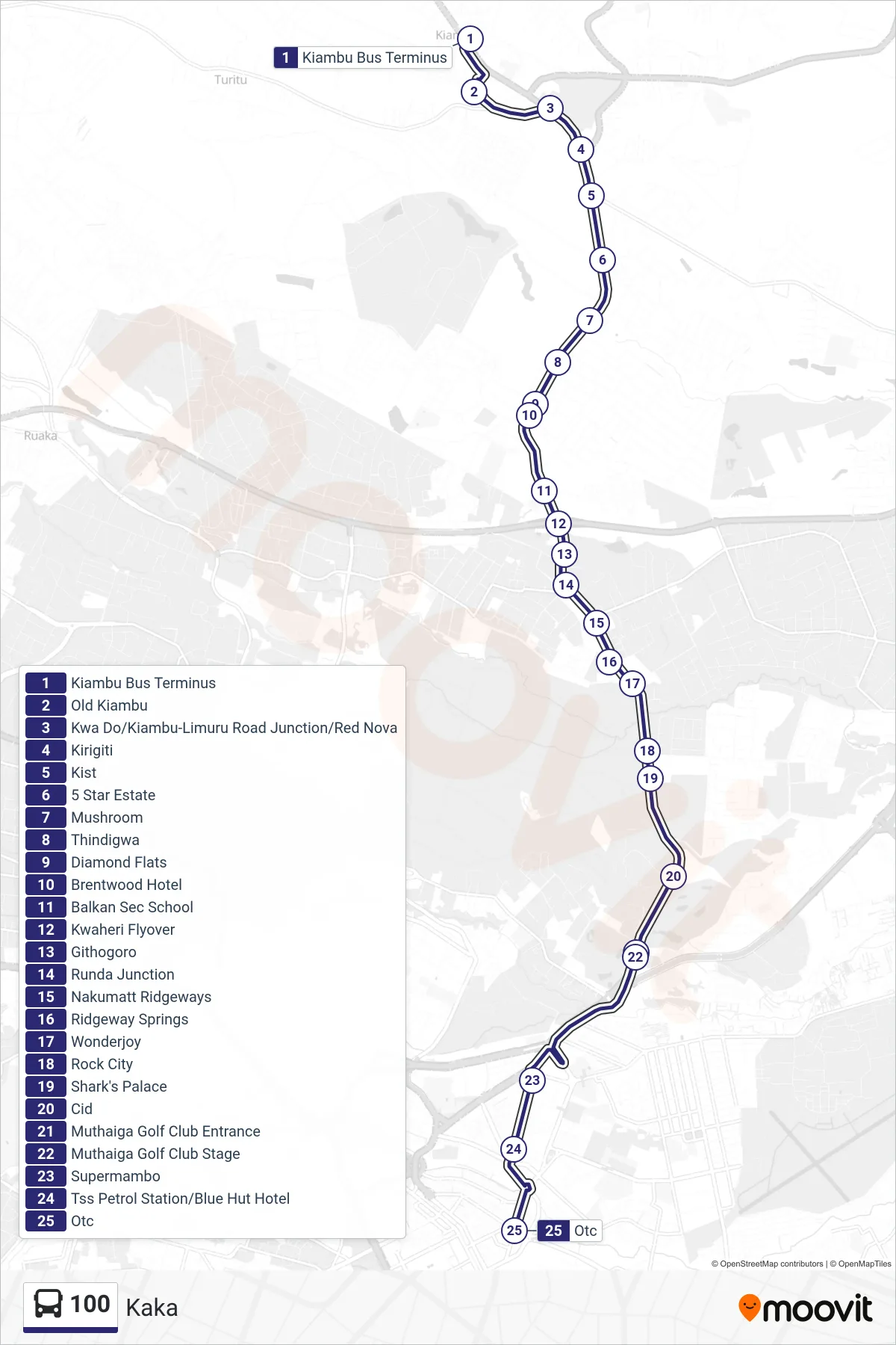 100 bus Line (Kaka) route and stops on a map