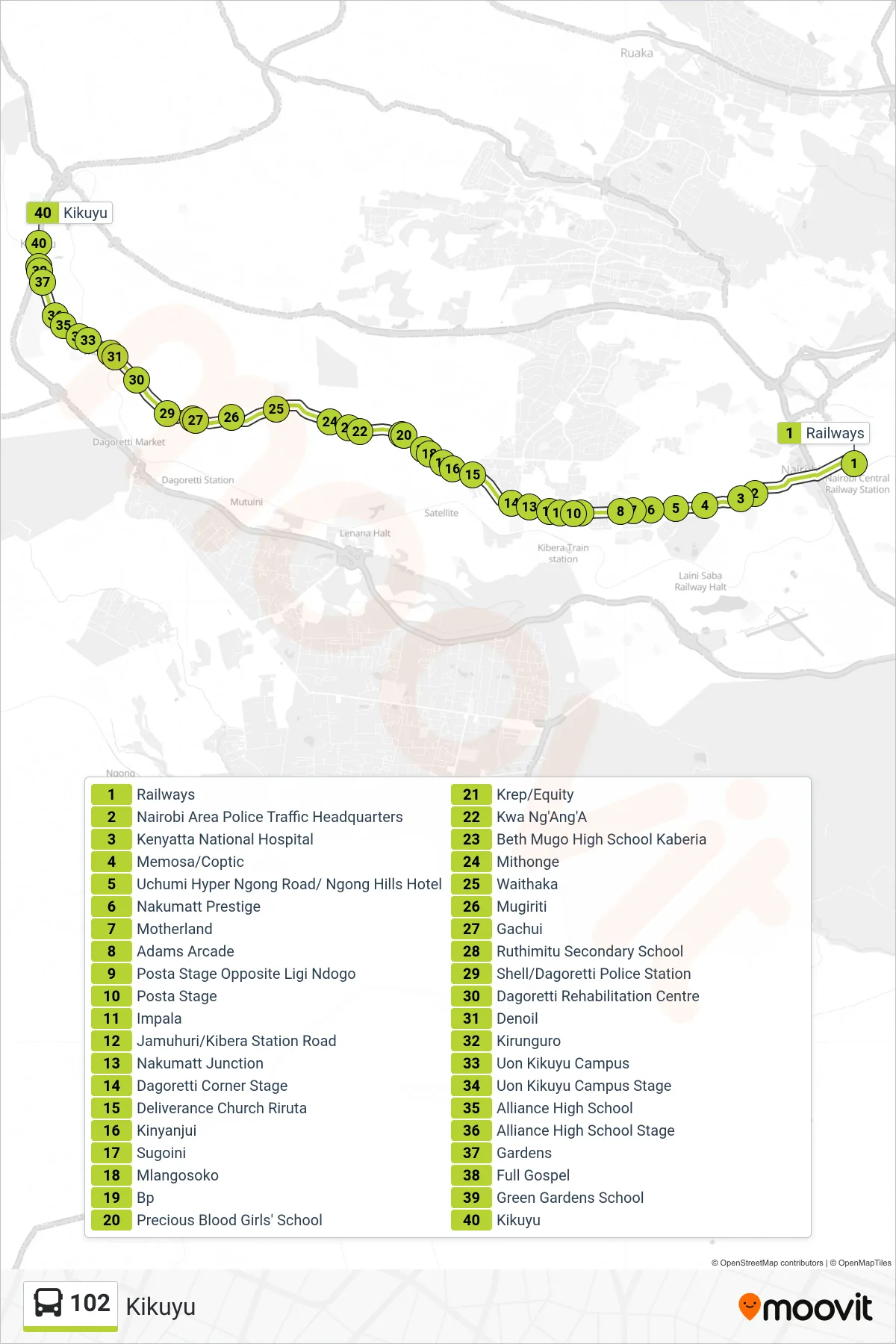 102 bus Line (Kikuyu) route and stops on a map