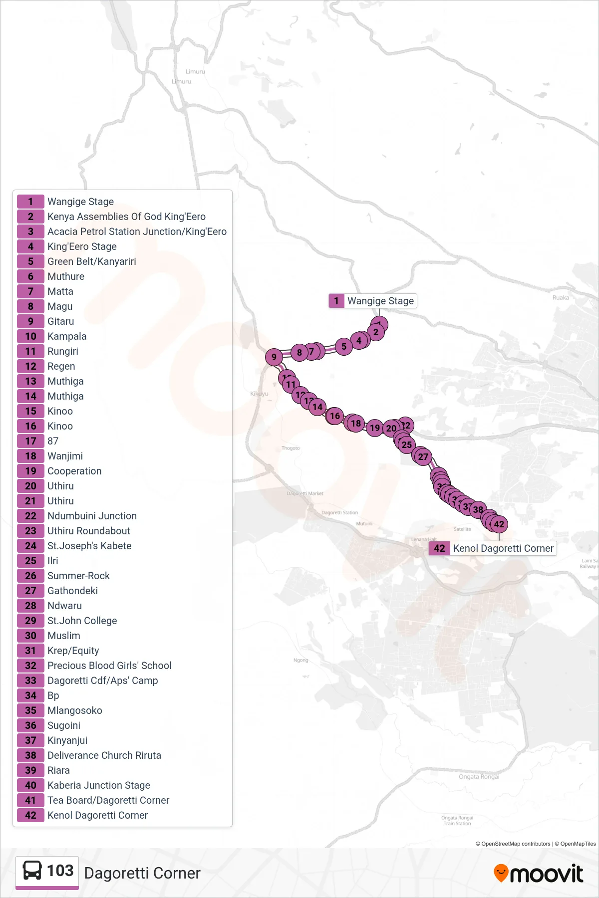 103 bus Line (Dagoretti Corner) route and stops on a map