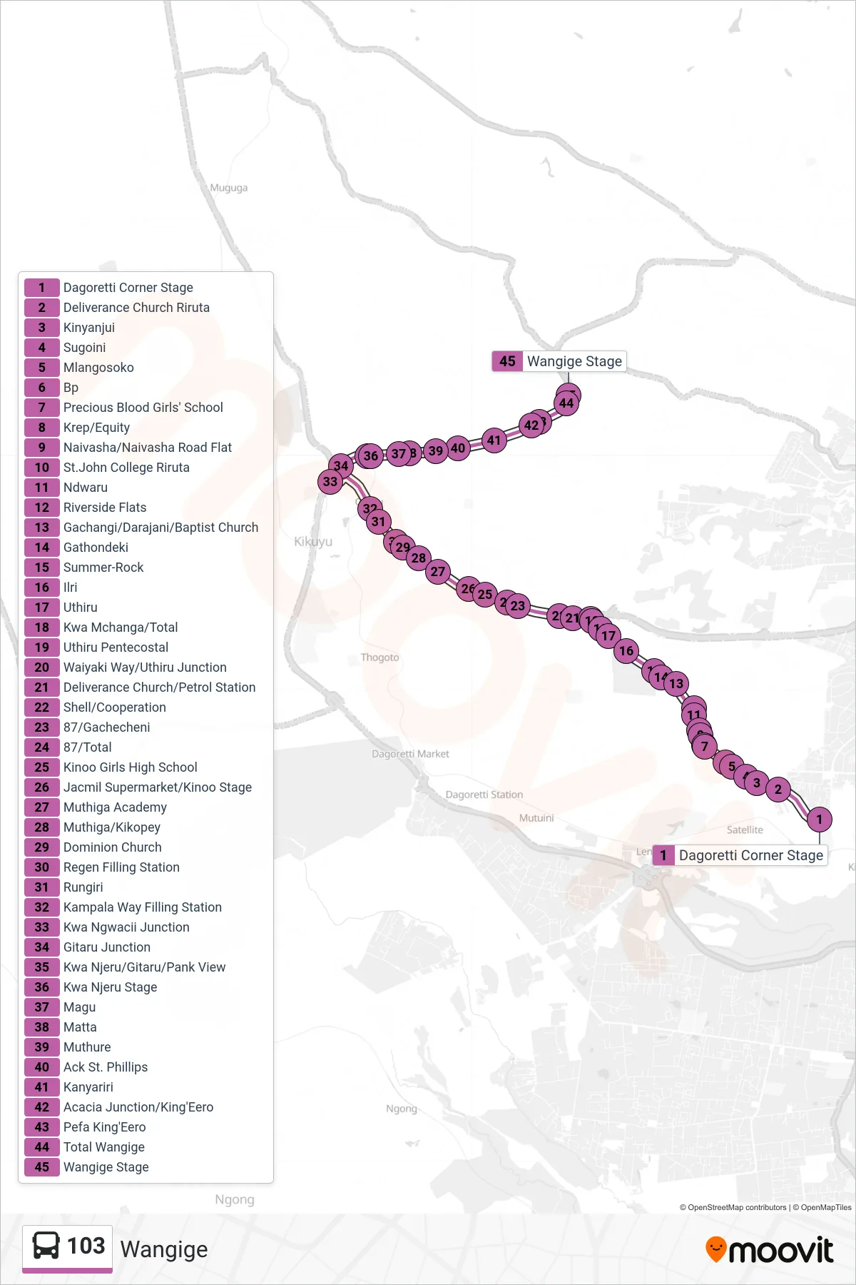 103 bus Line (Wangige) route and stops on a map