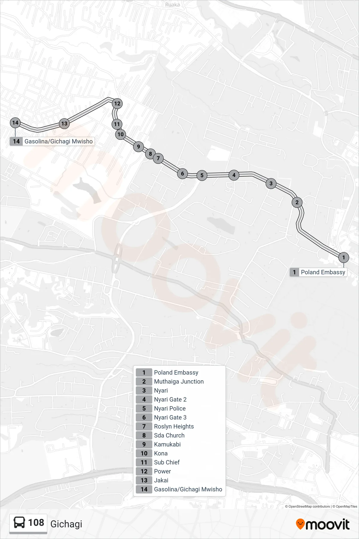 108 bus Line (Gichagi) route and stops on a map