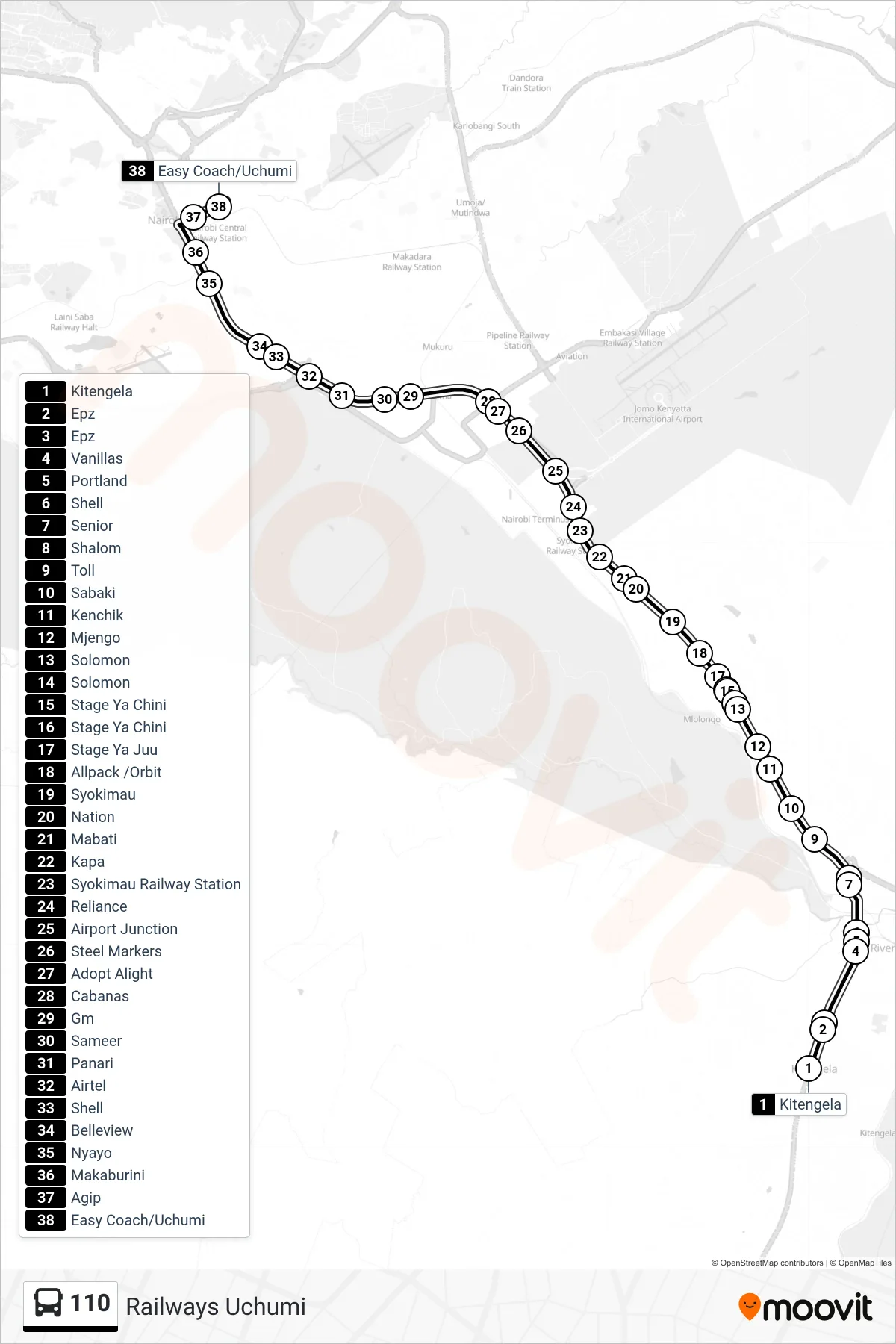 110 bus Line (Railways Uchumi) route and stops on a map