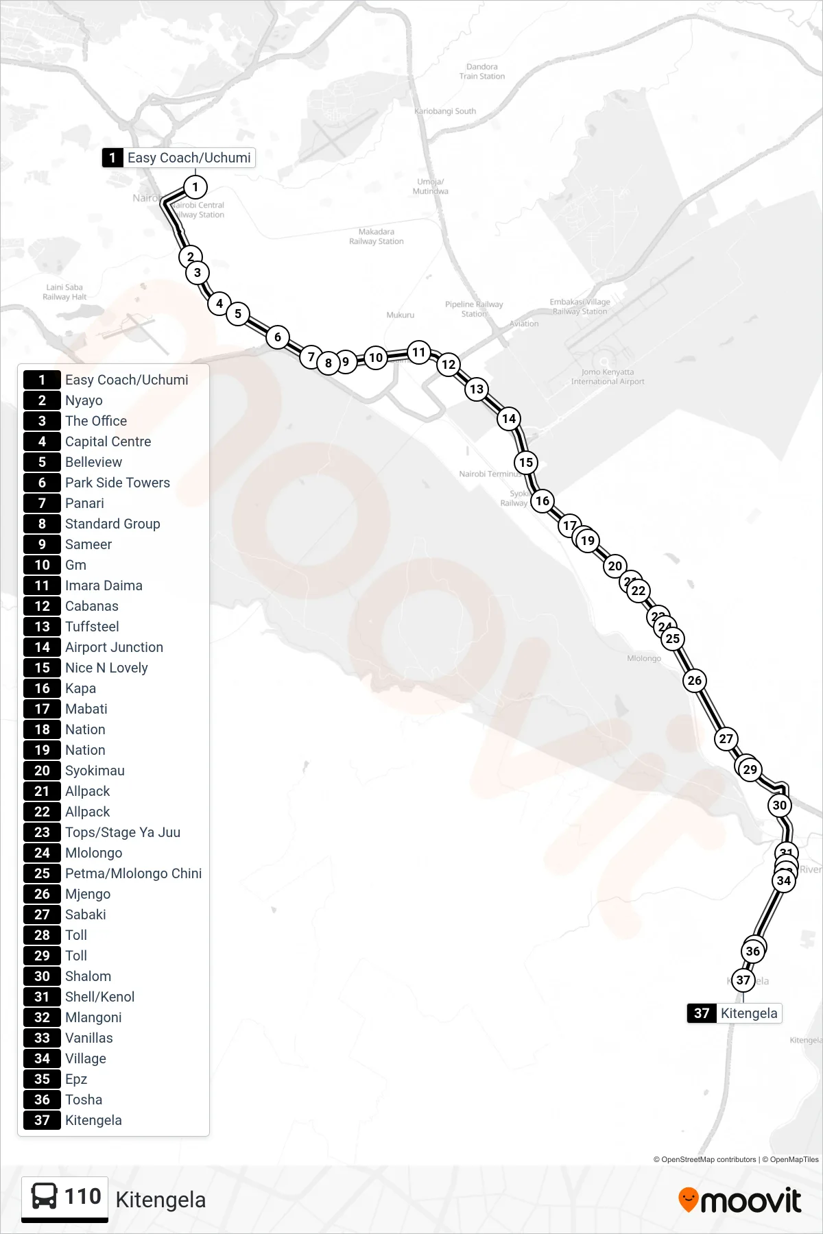 110 bus Line (Kitengela) route and stops on a map