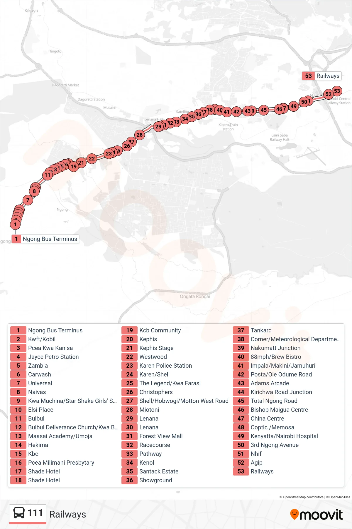 111 bus Line (Railways) route and stops on a map