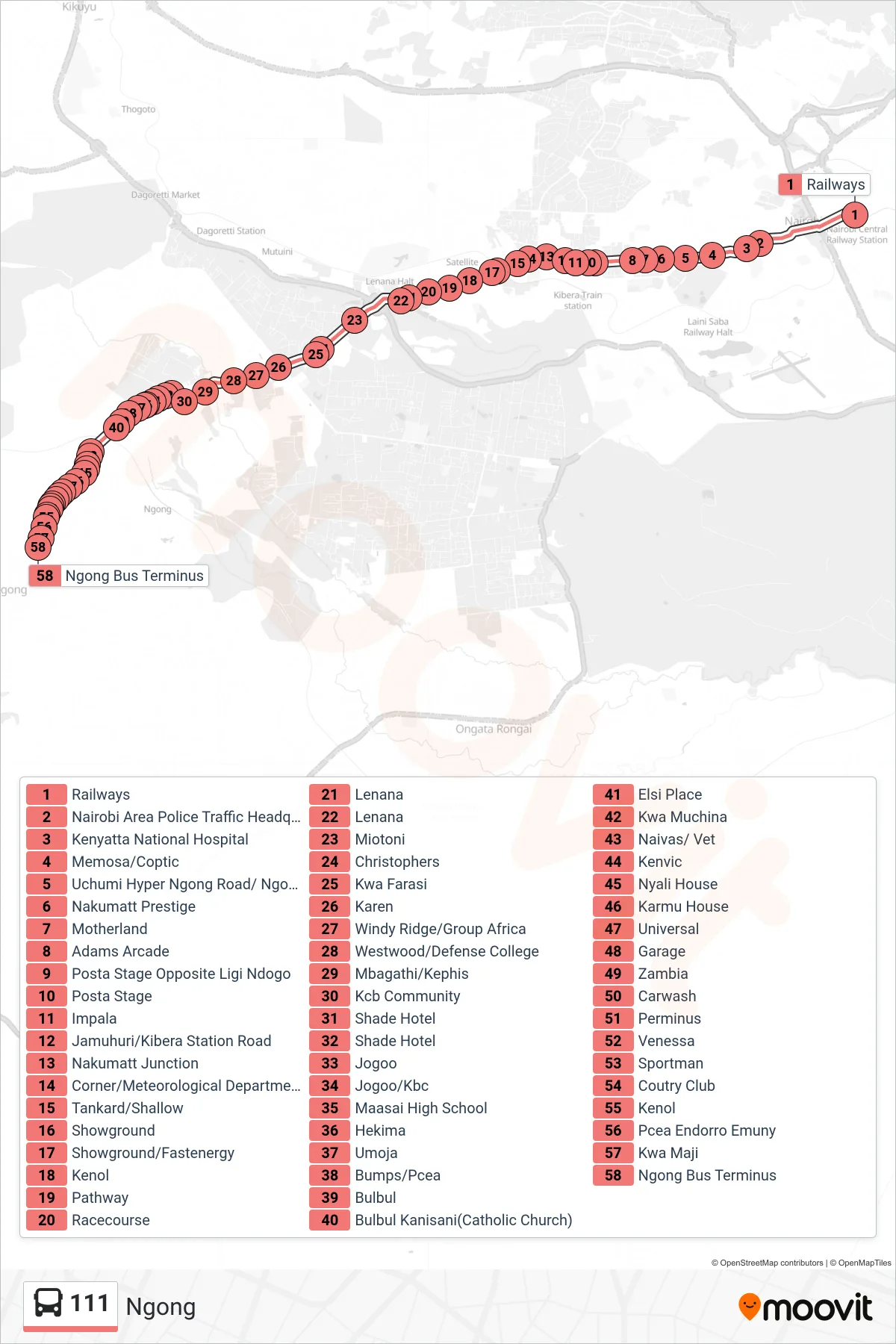 111 bus Line (Ngong) route and stops on a map