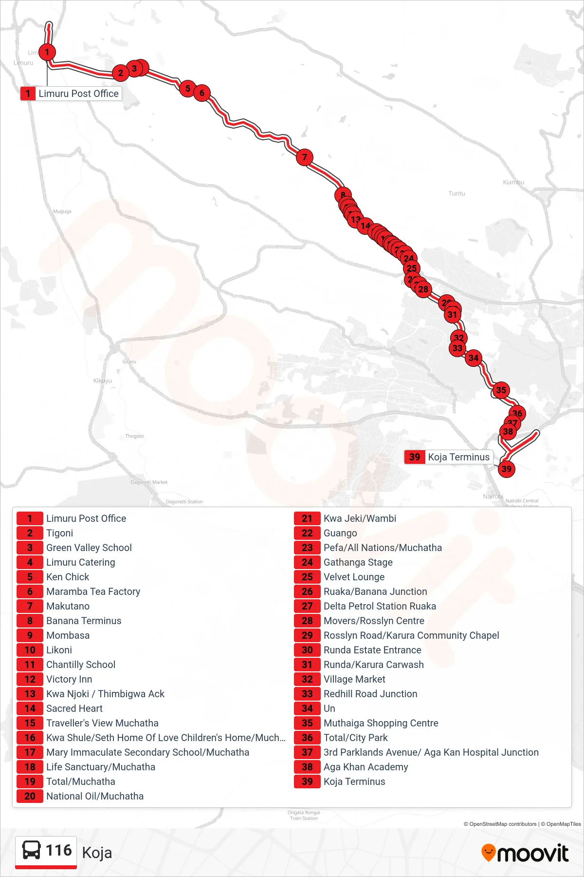 116 bus Line (Koja) route and stops on a map