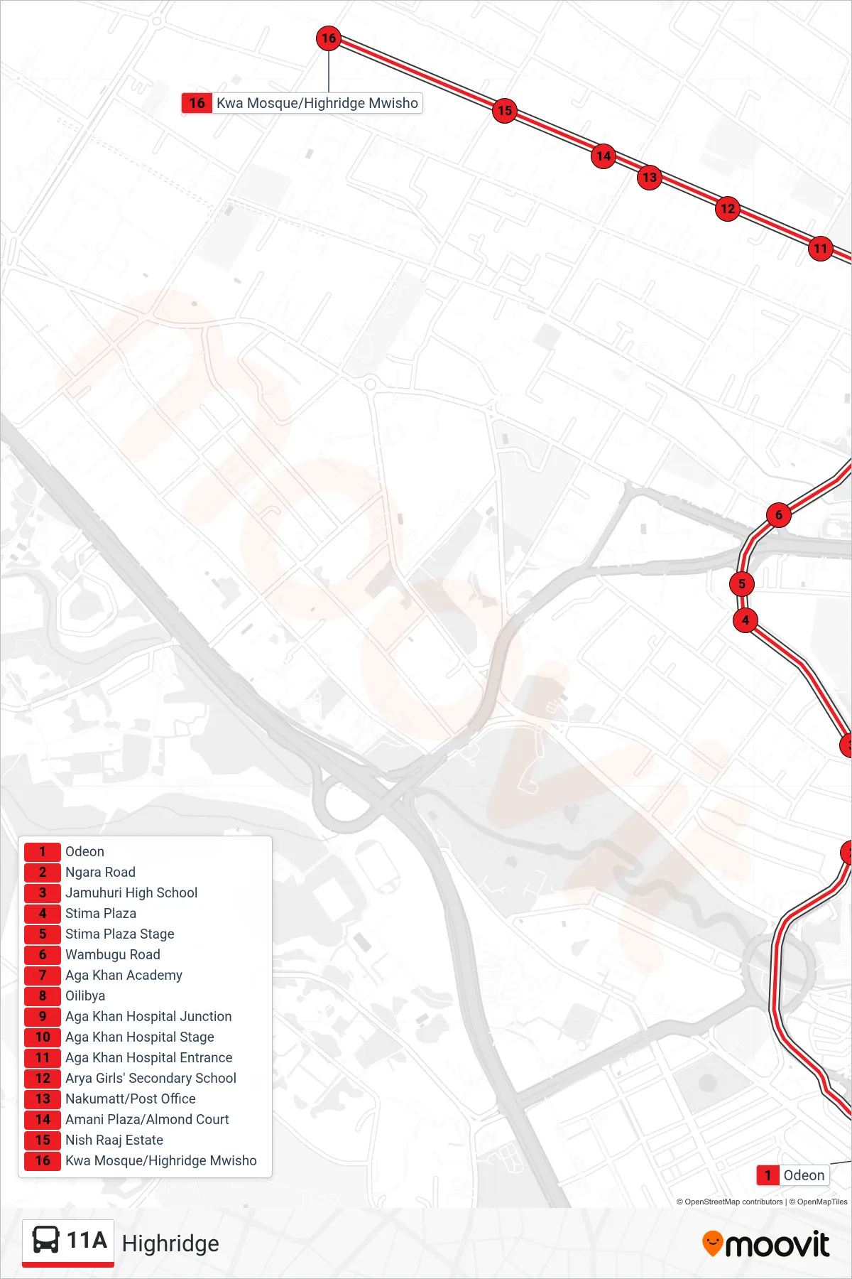 11A bus Line (Highridge) route and stops on a map