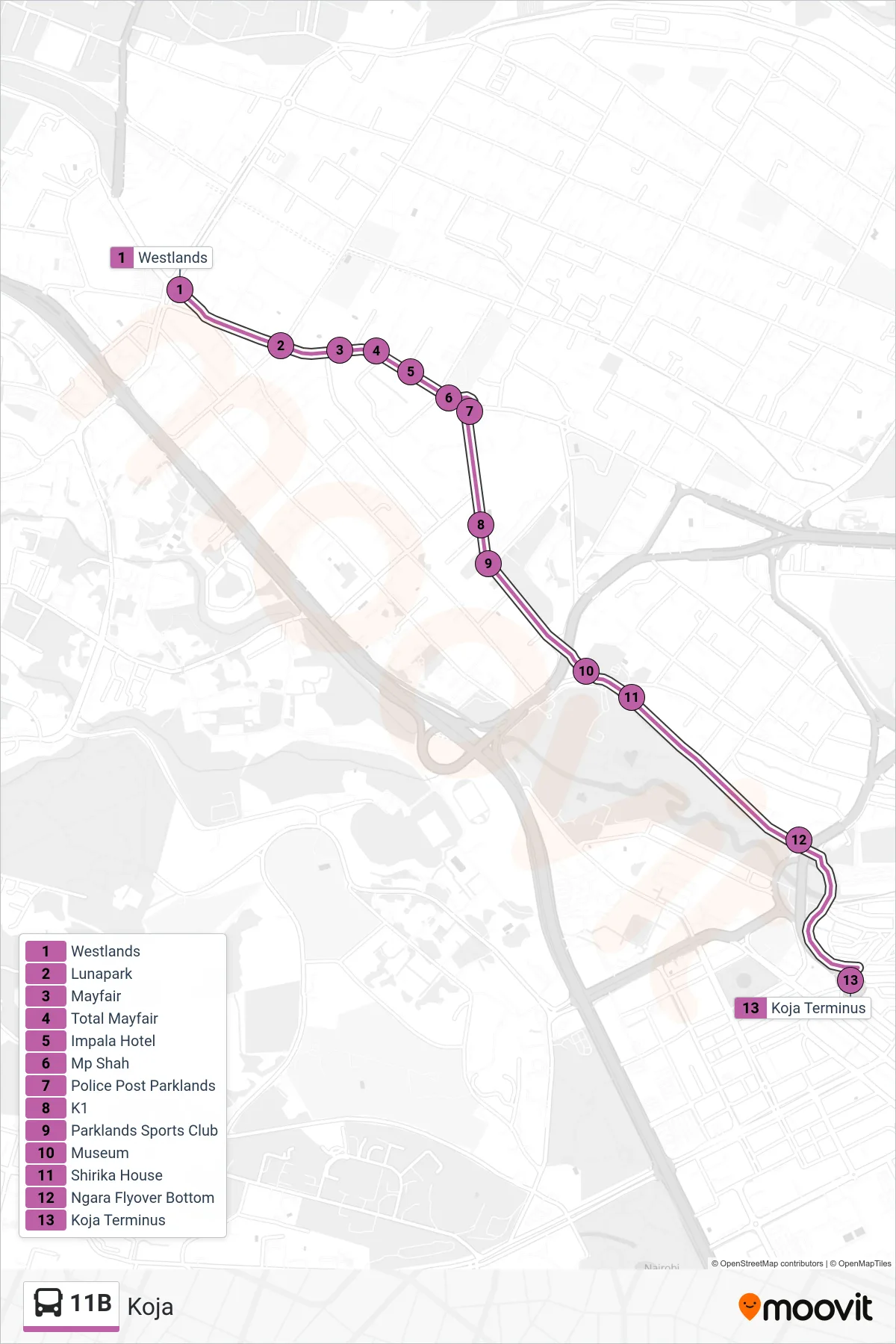 11B bus Line (Koja) route and stops on a map