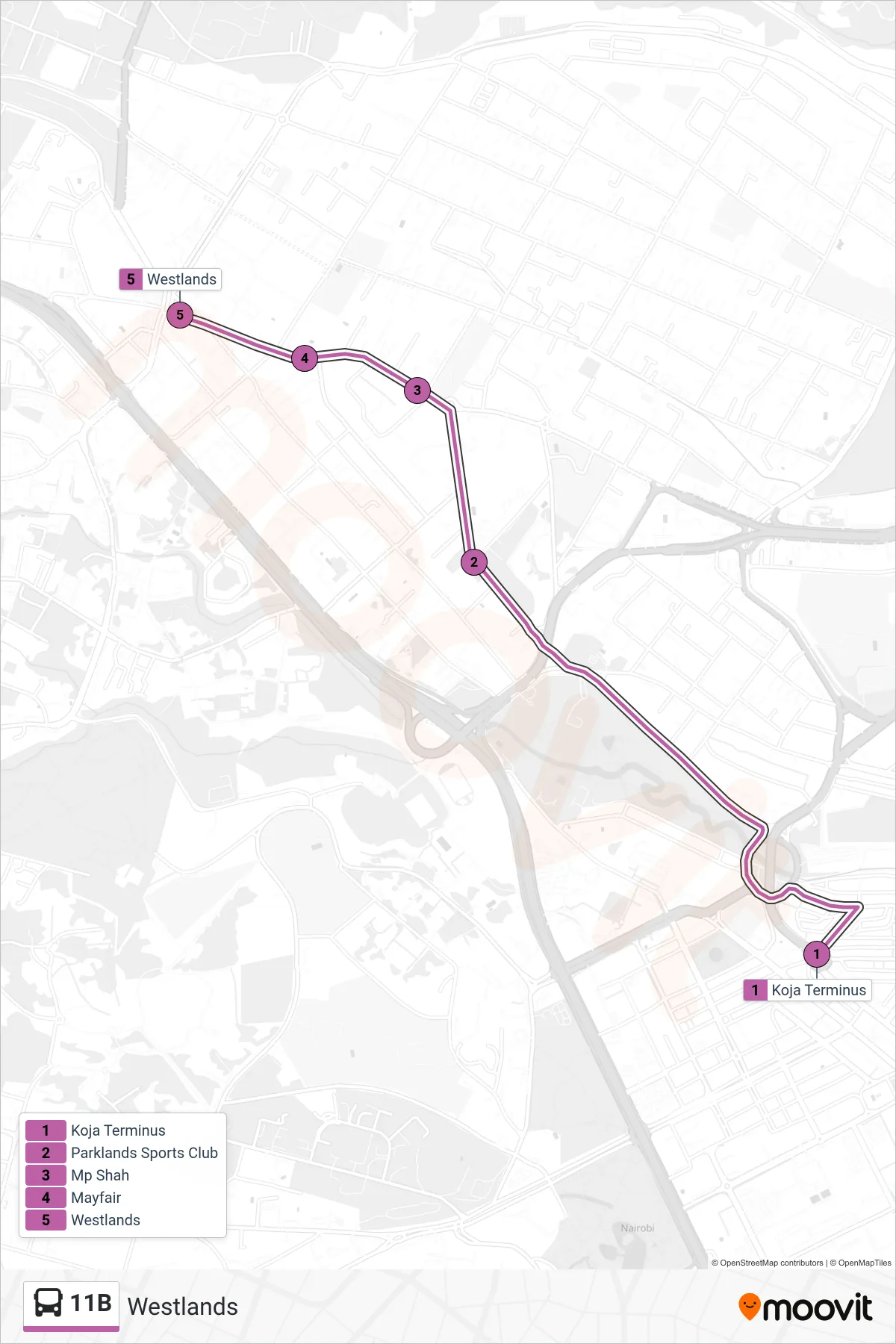 11B bus Line (Westlands) route and stops on a map