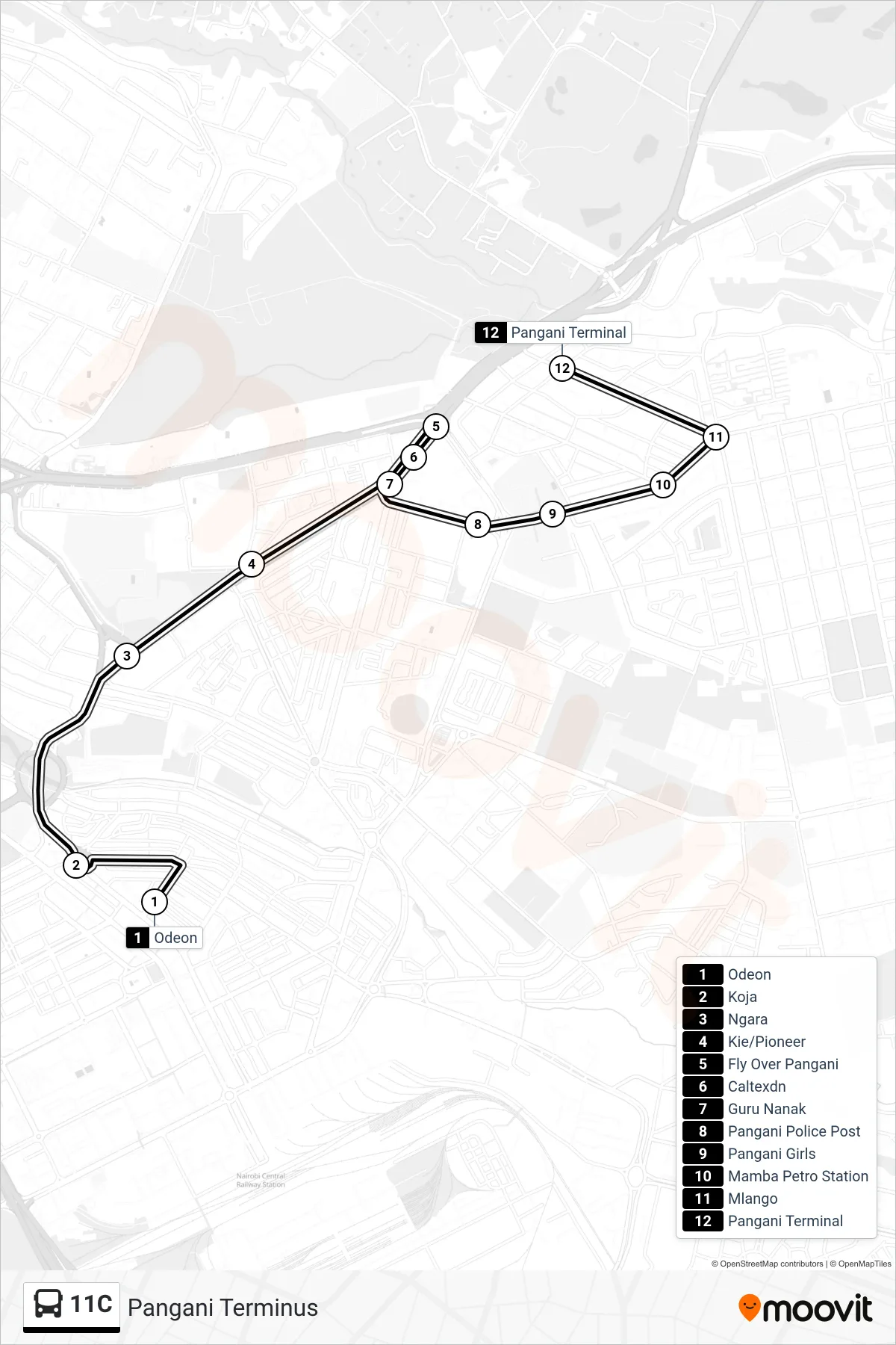 11C bus Line (Pangani Terminus) route and stops on a map