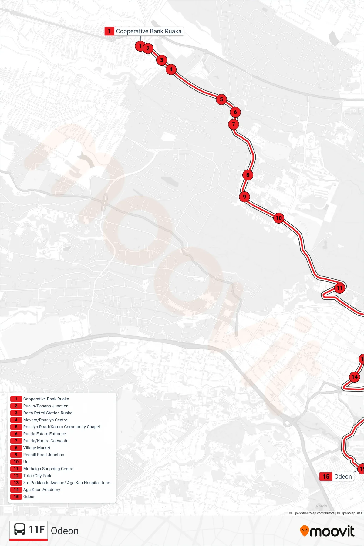 11F bus Line (Odeon) route and stops on a map