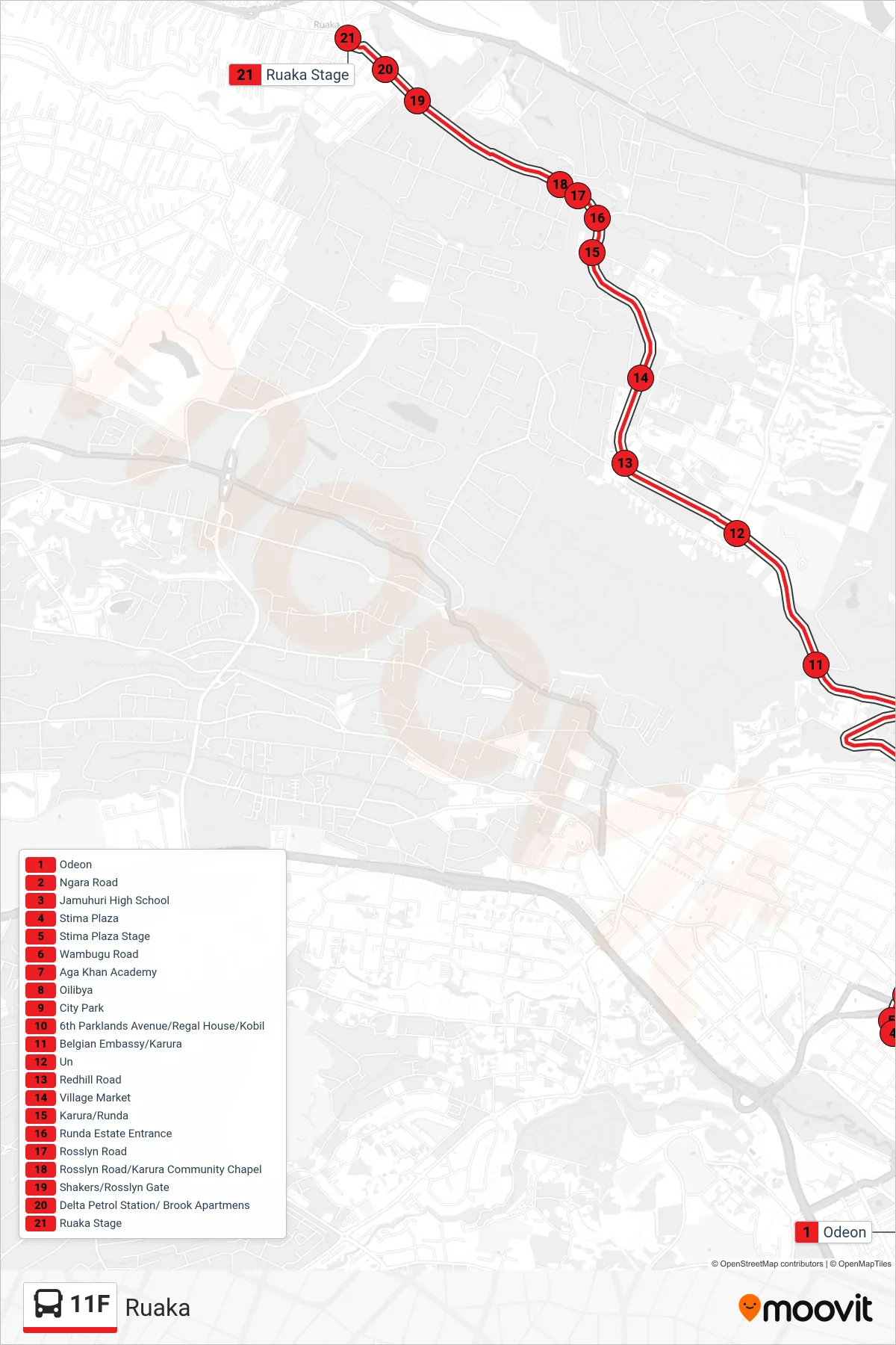 11F bus Line (Ruaka) route and stops on a map