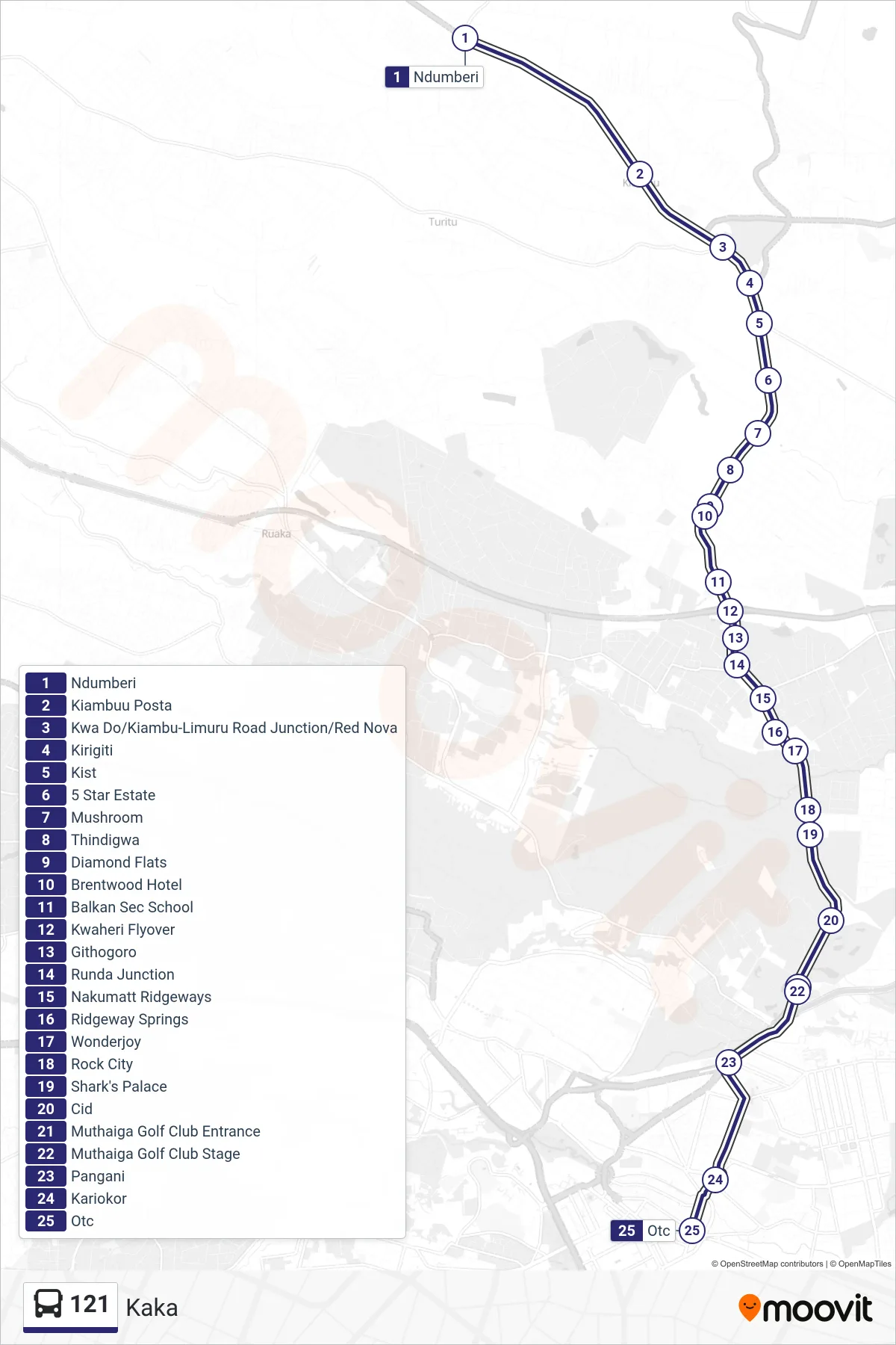 121 bus Line (Kaka) route and stops on a map