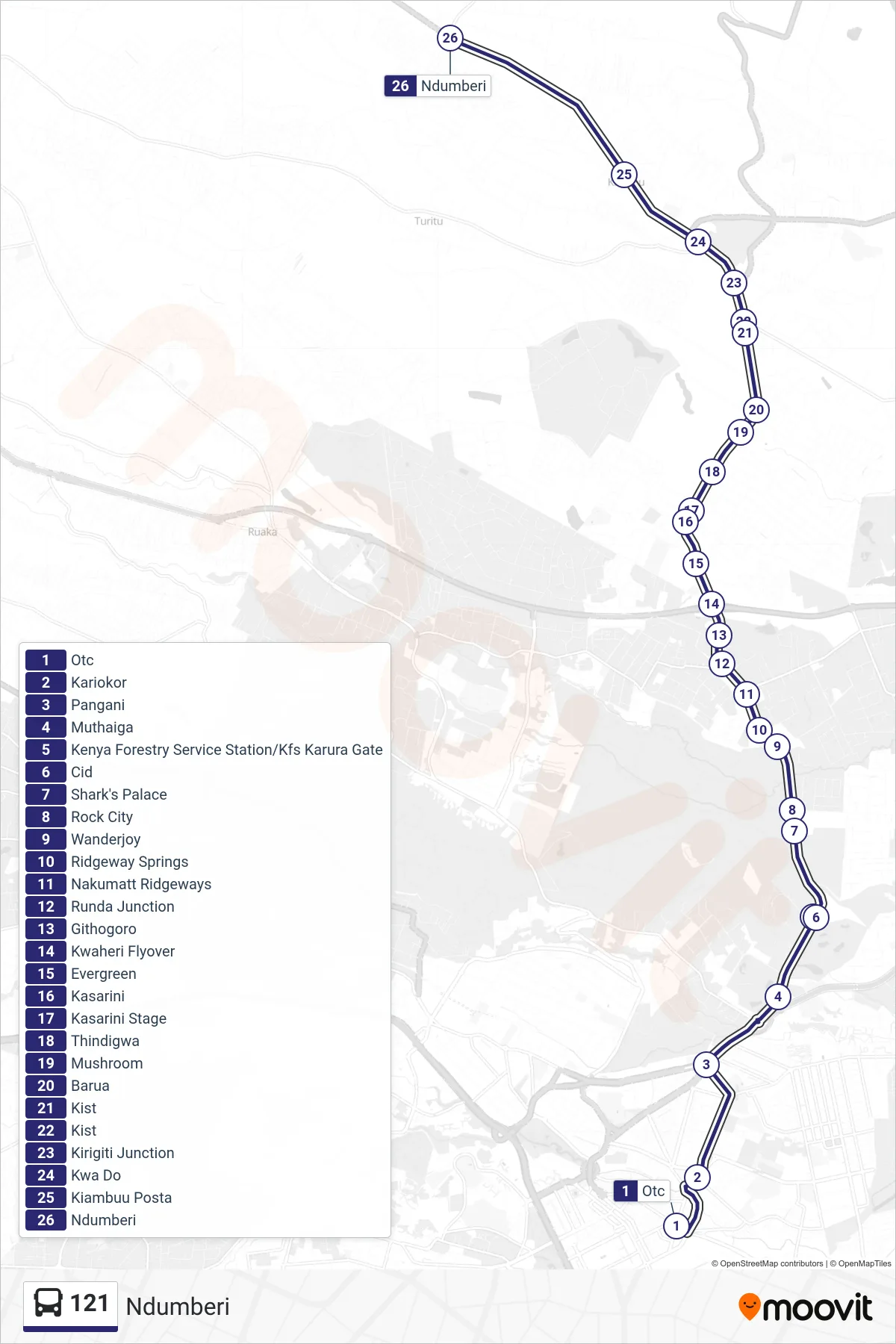 121 bus Line (Ndumberi) route and stops on a map