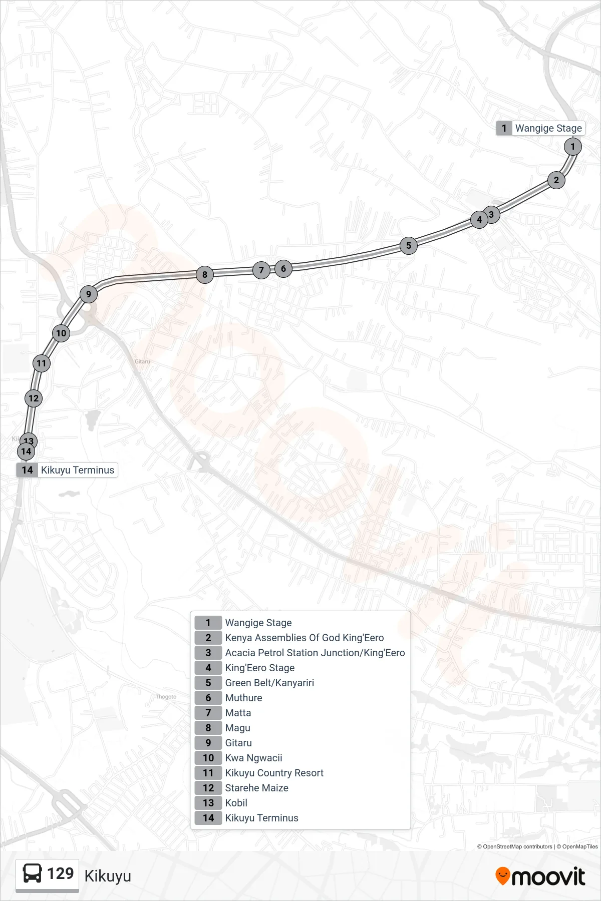 129 bus Line (Kikuyu) route and stops on a map