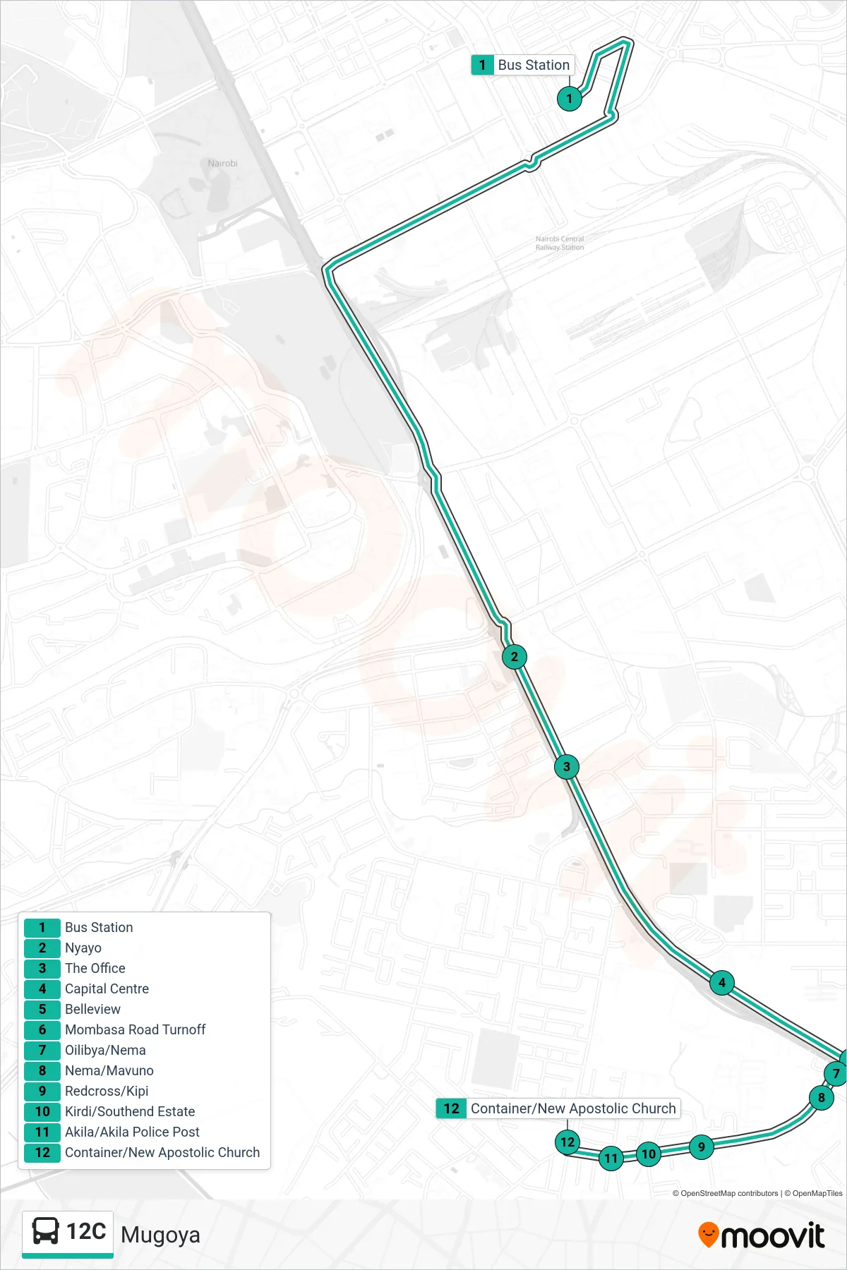 12C bus Line (Mugoya) route and stops on a map