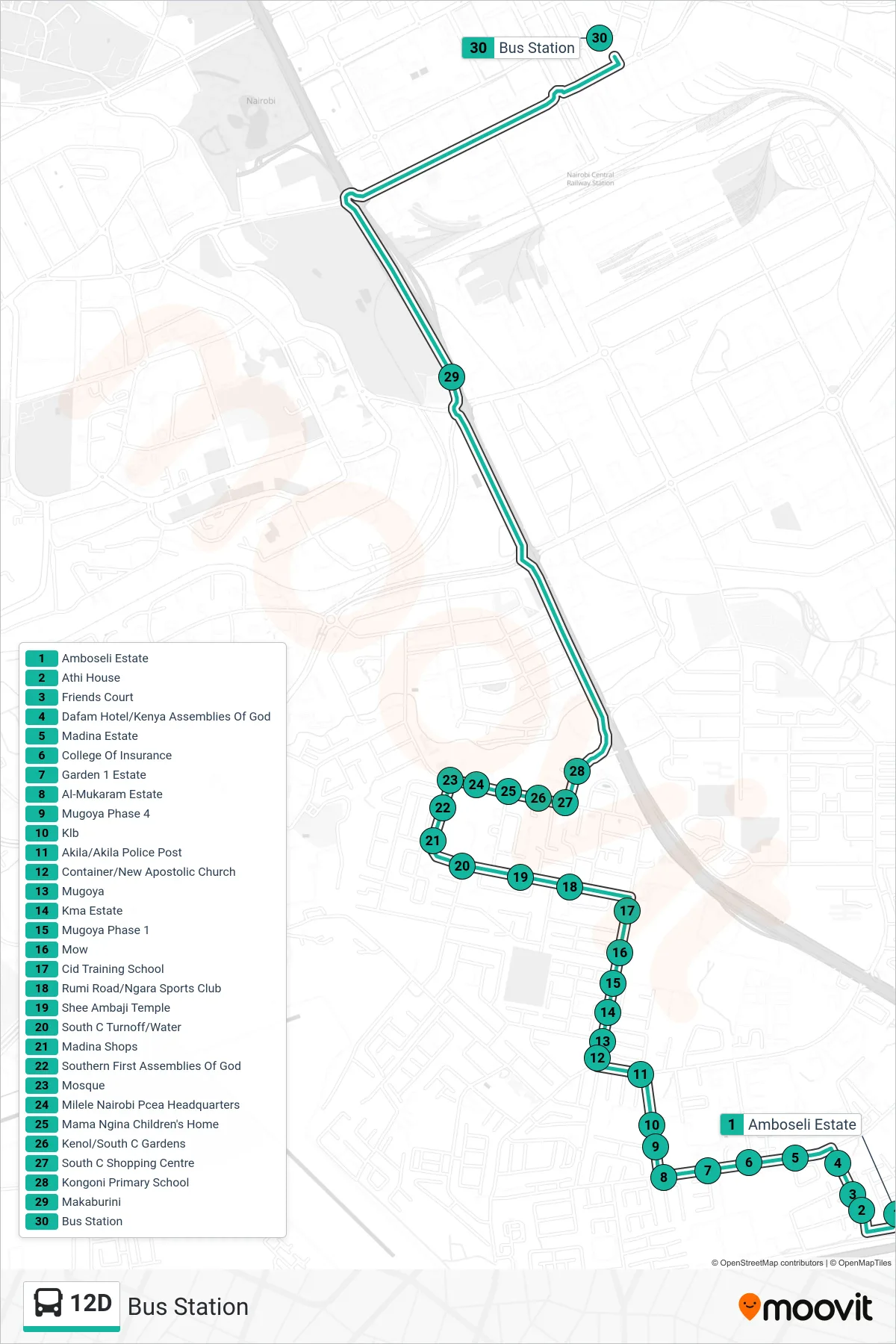 12D bus Line (Bus Station) route and stops on a map