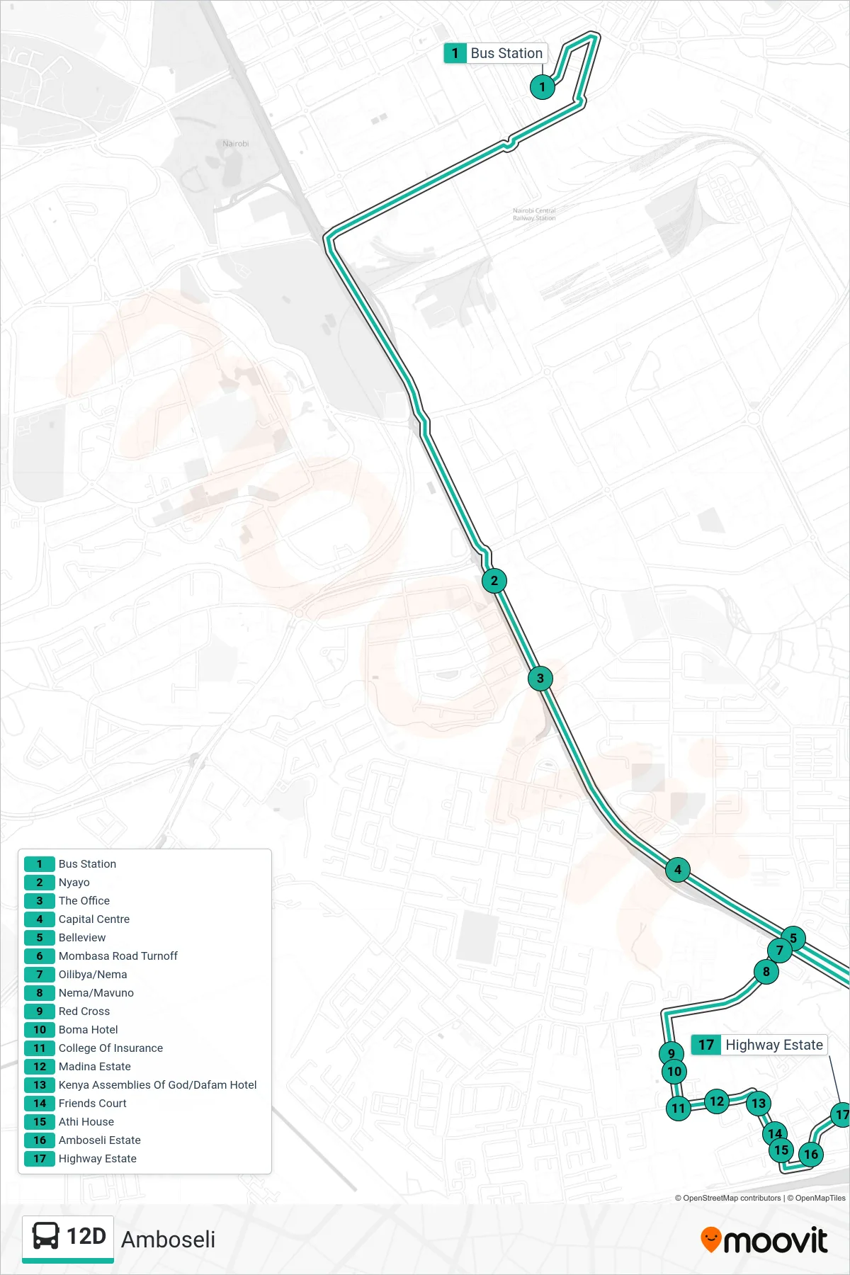 12D bus Line (Amboseli) route and stops on a map