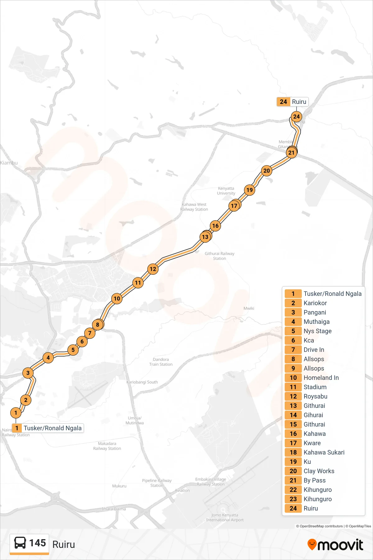 145 bus Line (Ruiru) route and stops on a map