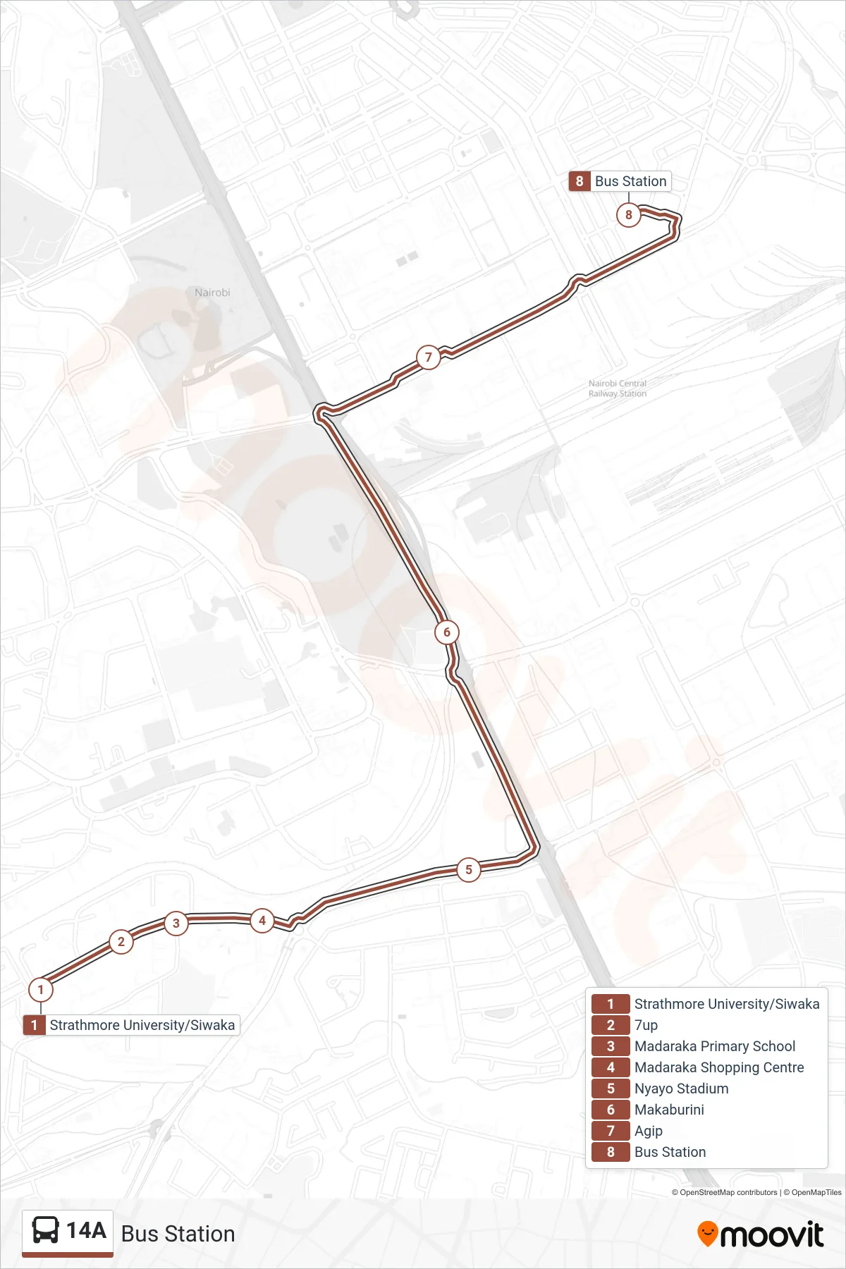 14A bus Line (Bus Station) route and stops on a map