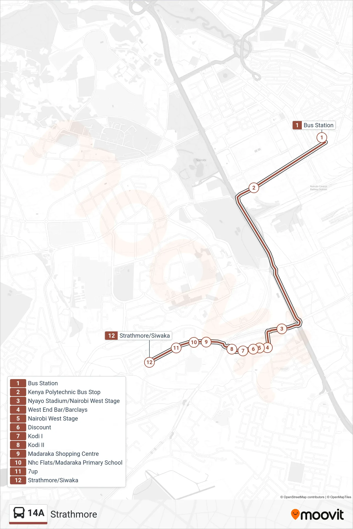 14A bus Line (Strathmore) route and stops on a map