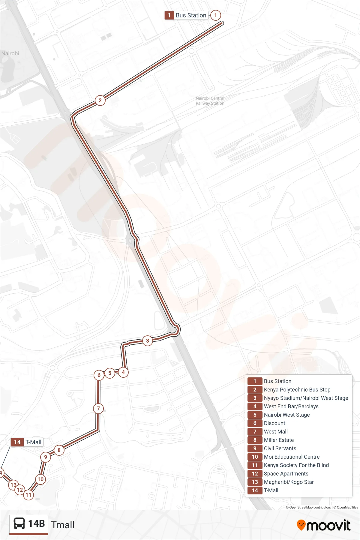 14B bus Line (Tmall) route and stops on a map