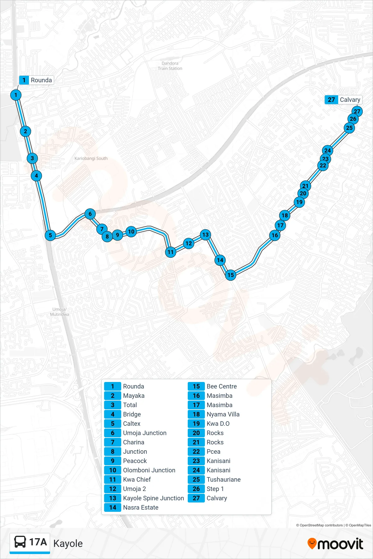 17A bus Line (Kayole) route and stops on a map