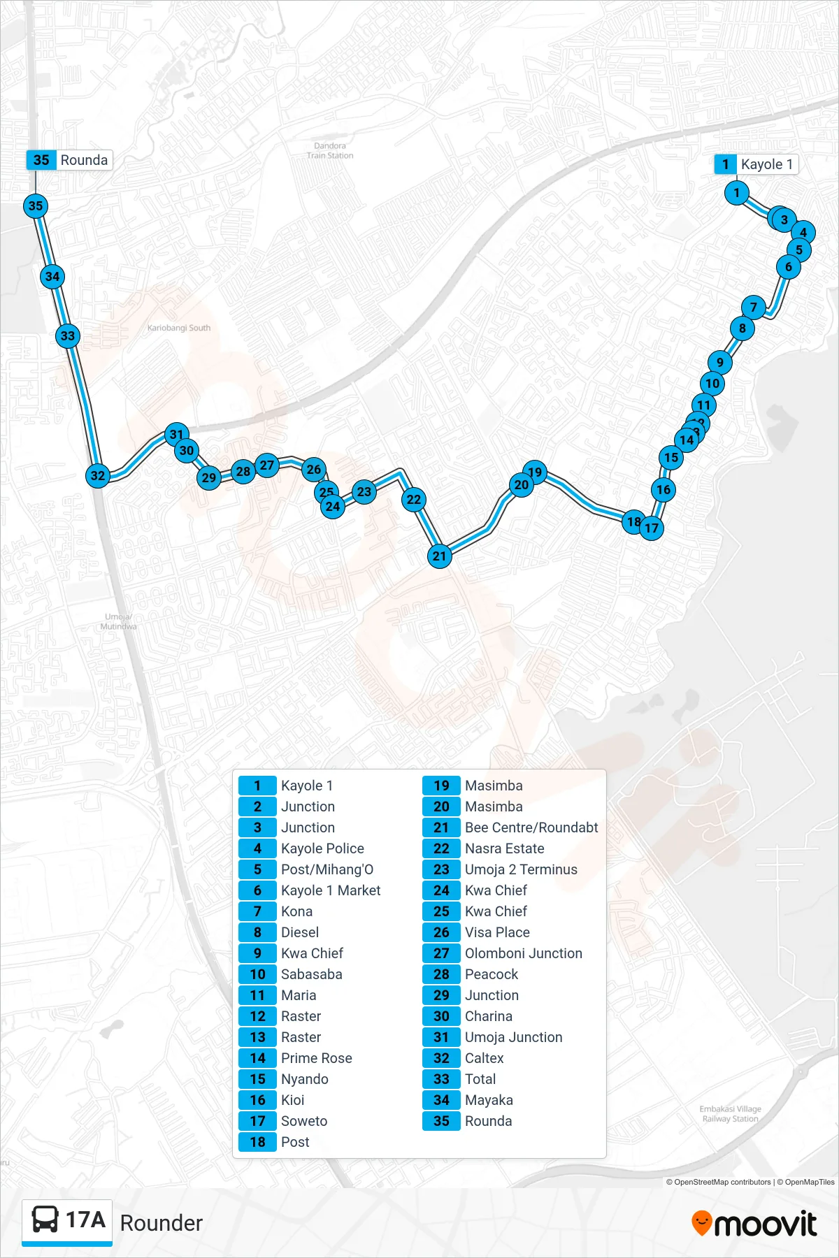 17A bus Line (Rounder) route and stops on a map