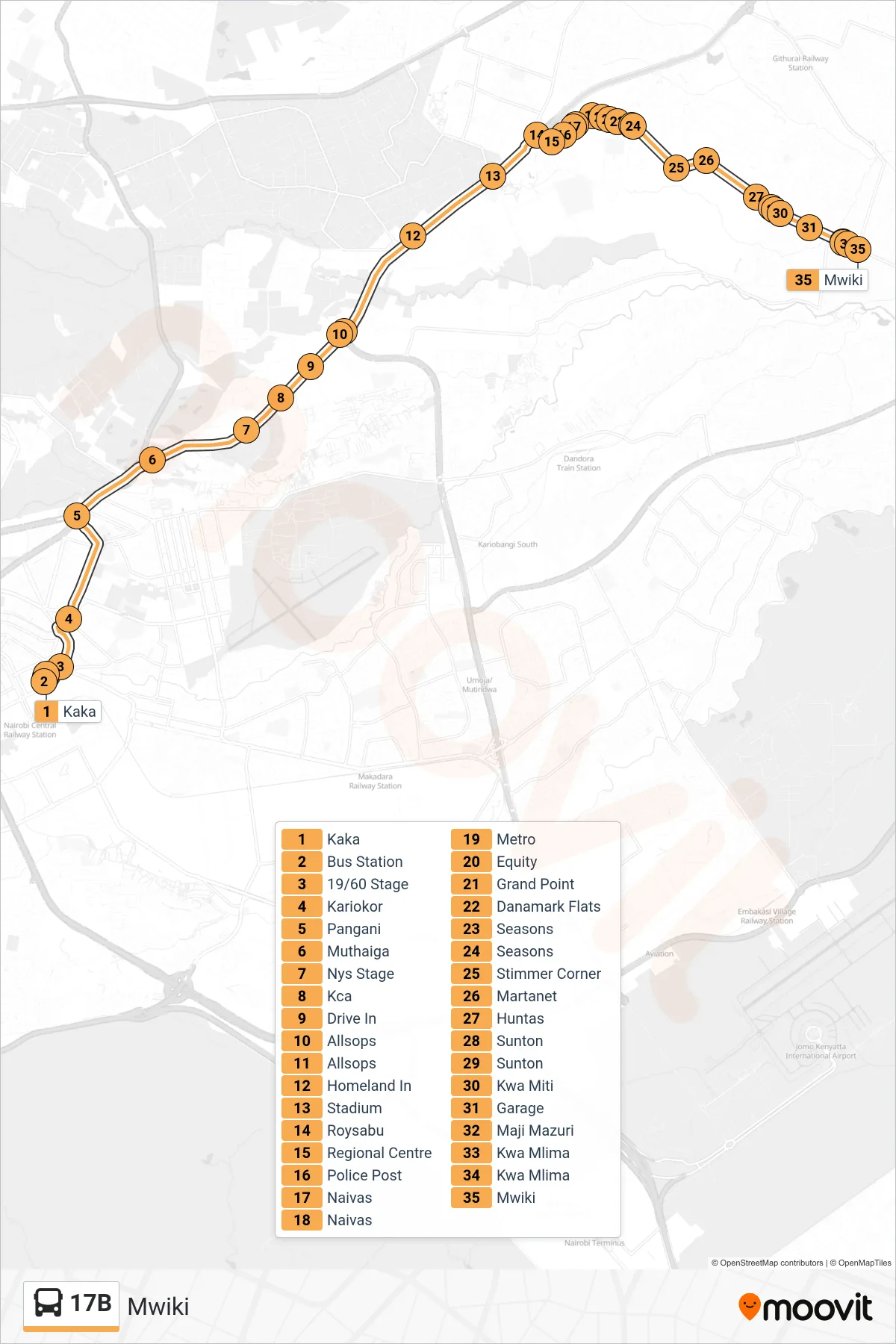 17B bus Line (Mwiki) route and stops on a map