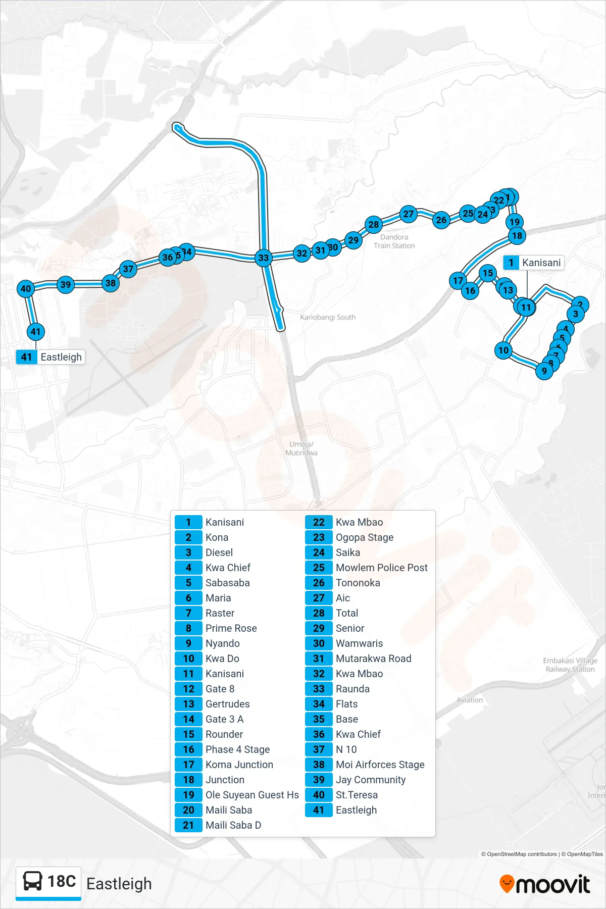 18C bus Line (Eastleigh) route and stops on a map