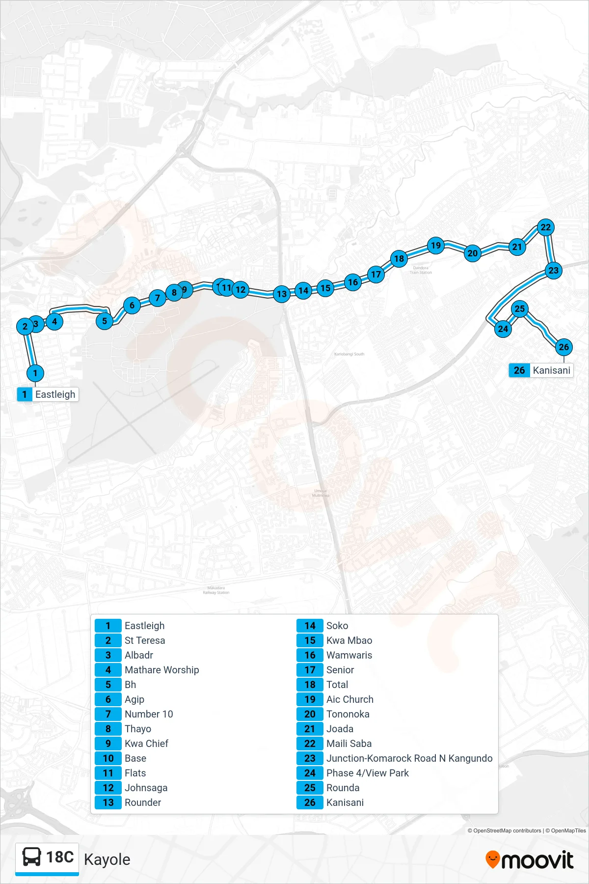 18C bus Line (Kayole) route and stops on a map