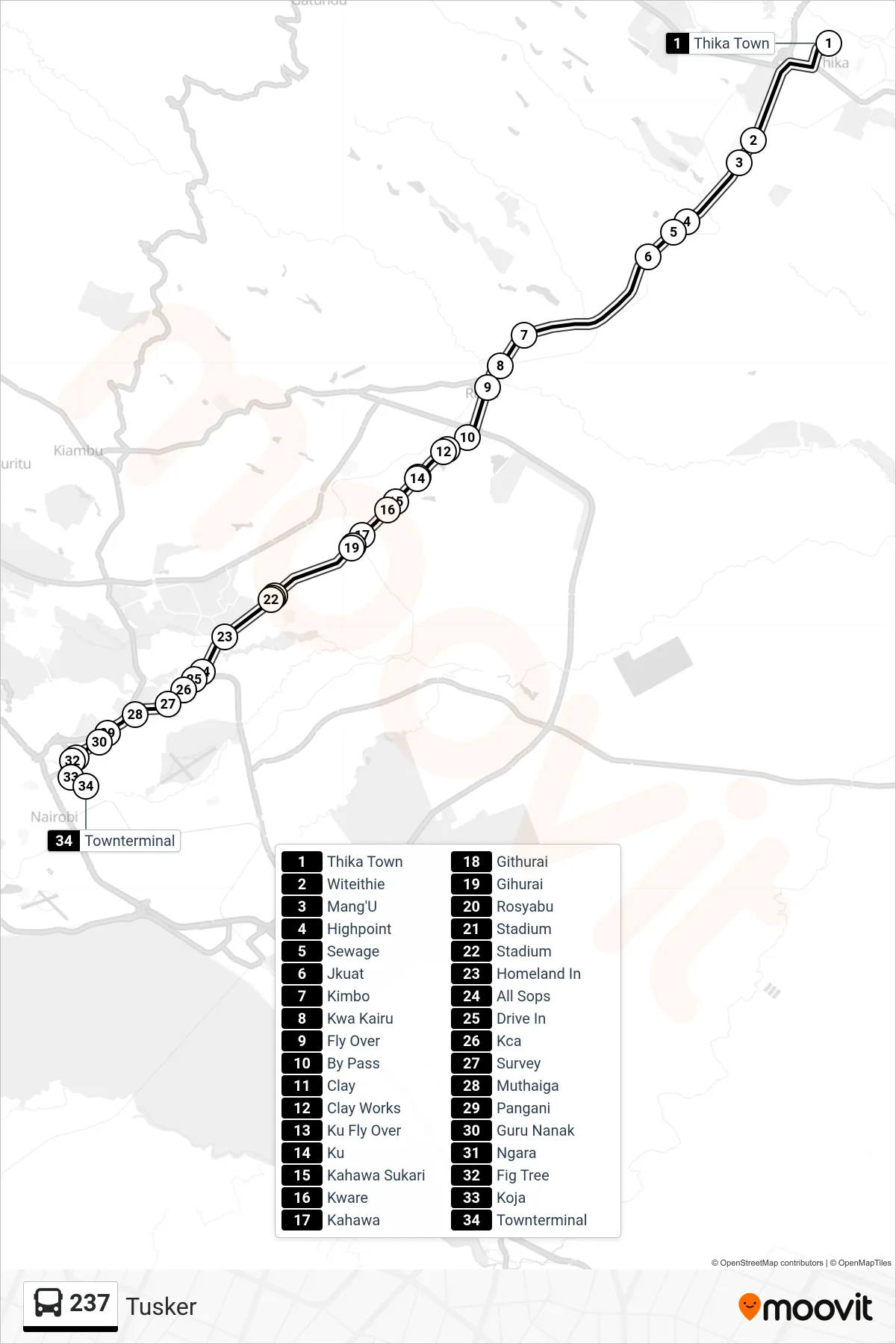 237 bus Line (Tusker) route and stops on a map