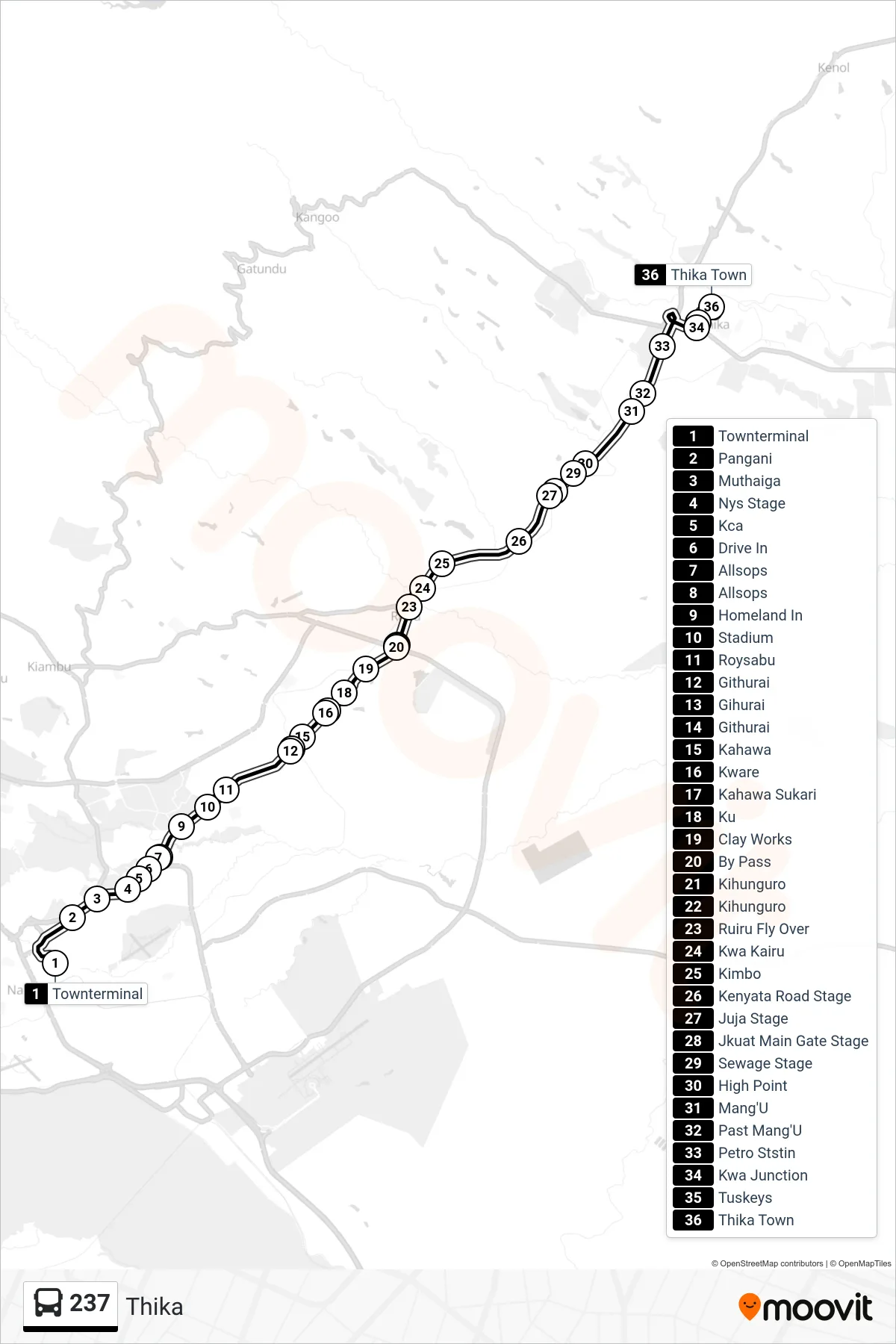 237 bus Line (Thika) route and stops on a map