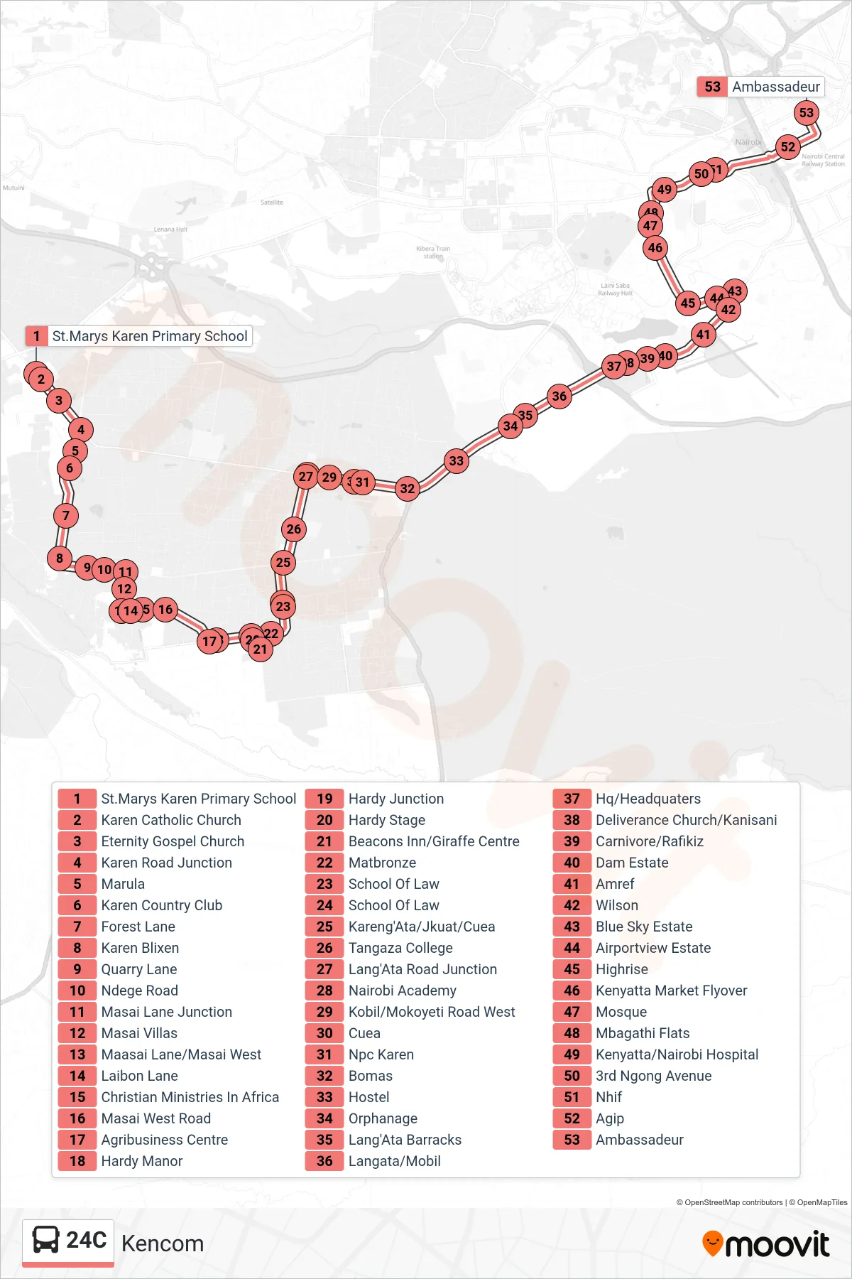24C bus Line (Kencom) route and stops on a map