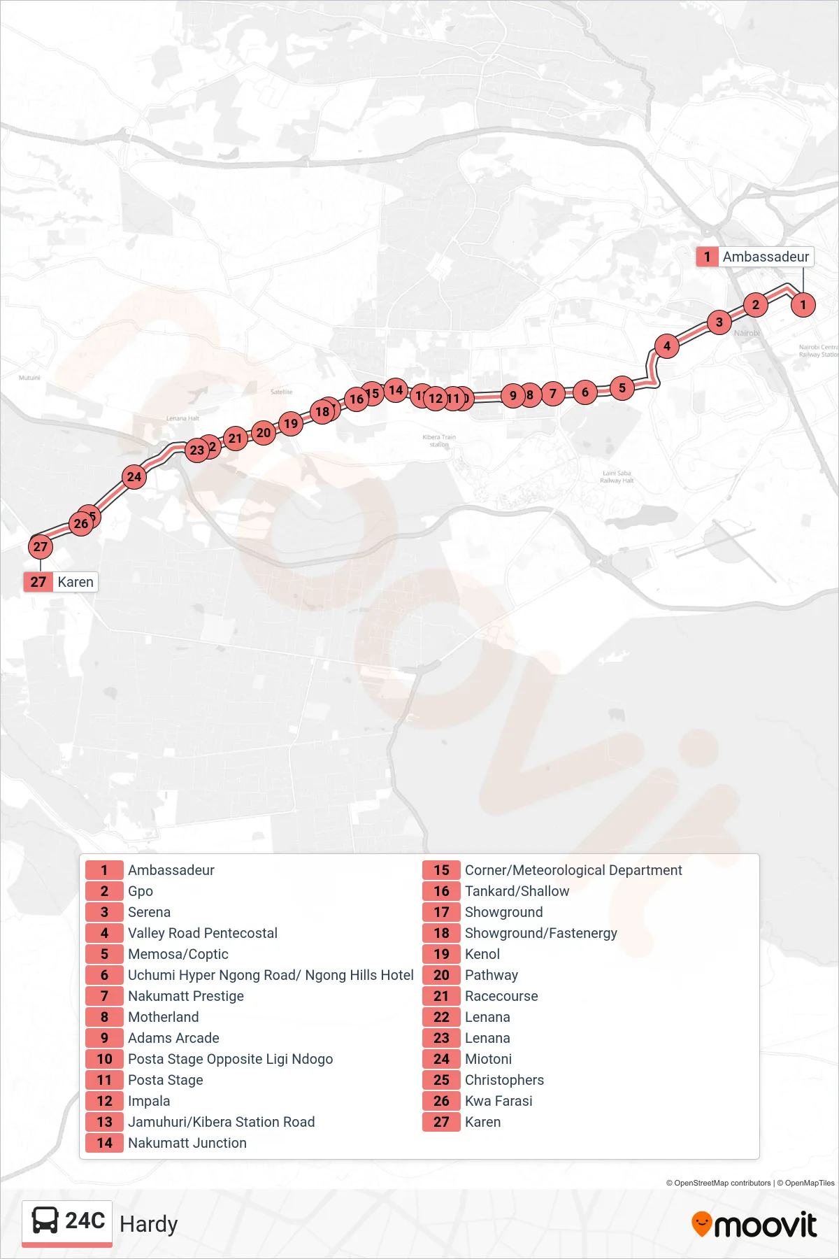 24C bus Line (Hardy) route and stops on a map