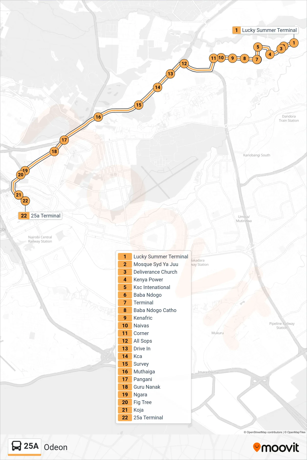 25A bus Line (Odeon) route and stops on a map