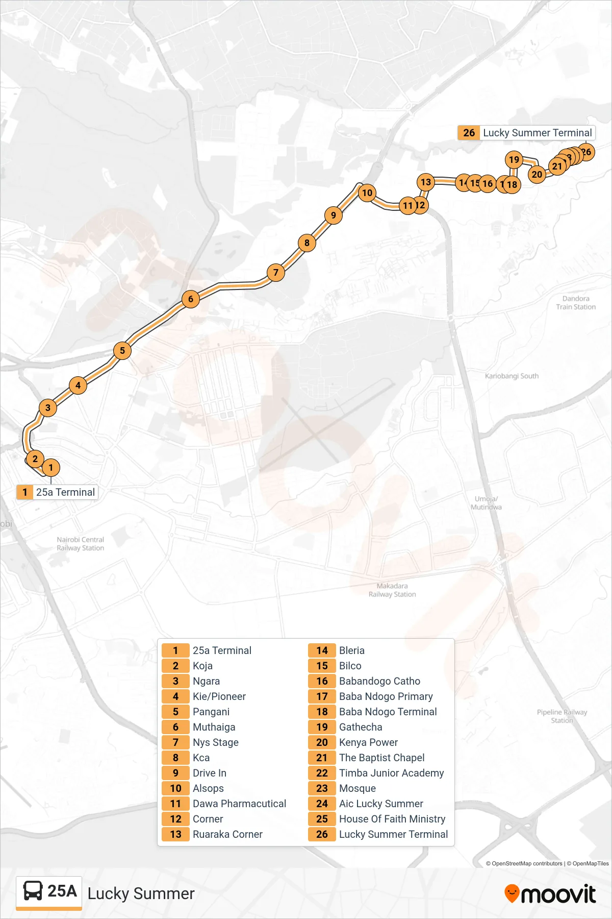 25A bus Line (Lucky Summer) route and stops on a map