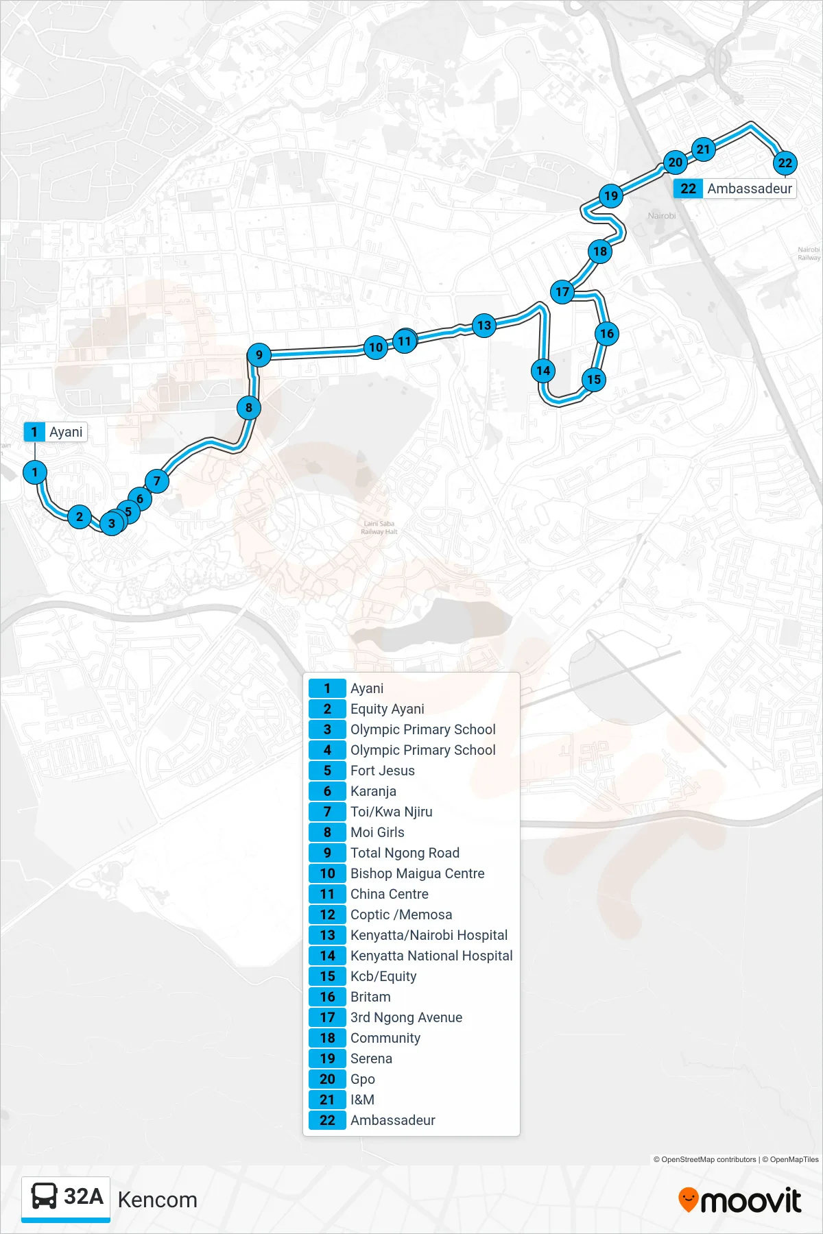 32A bus Line (Kencom) route and stops on a map