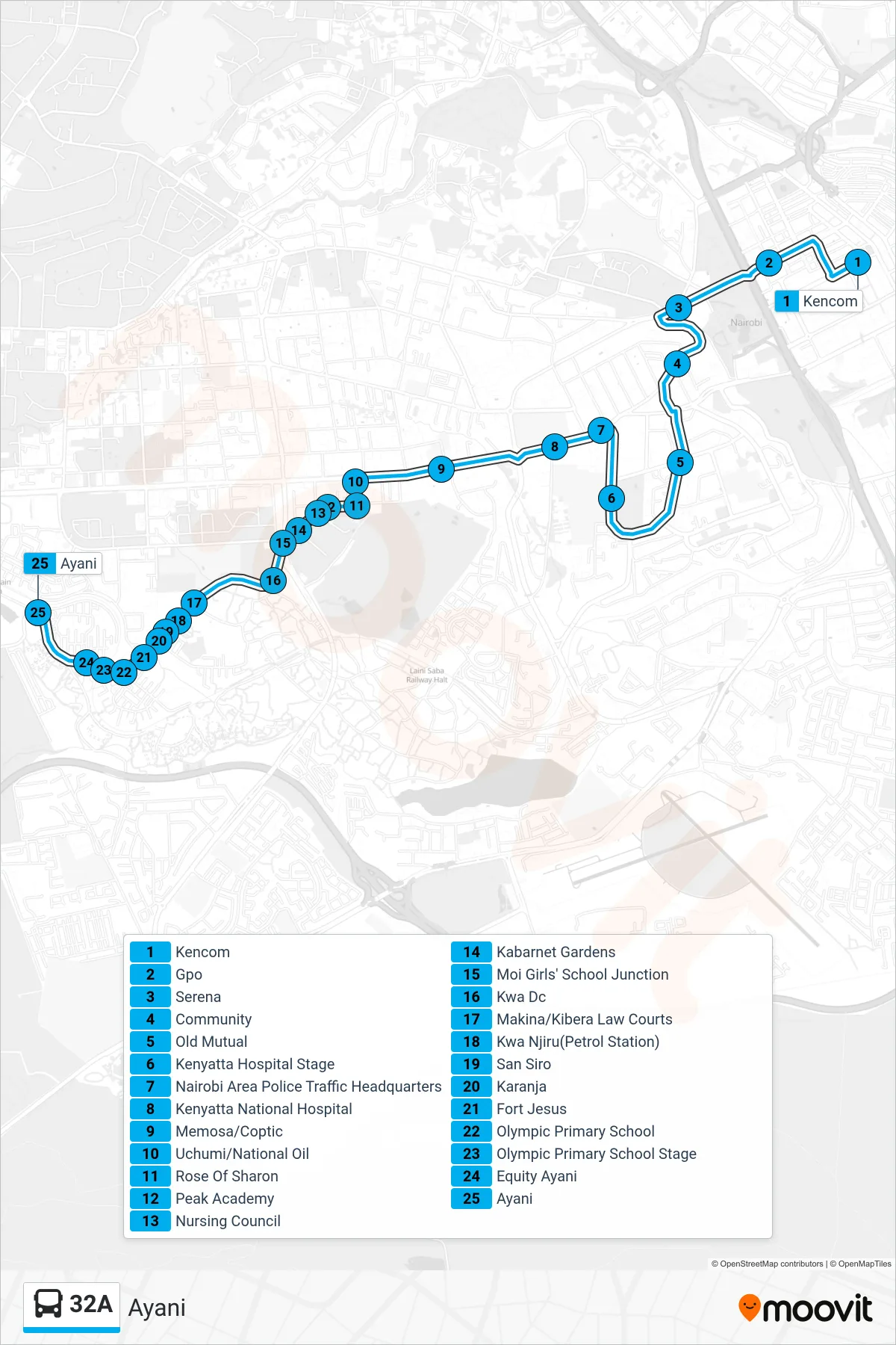 32A bus Line (Ayani) route and stops on a map