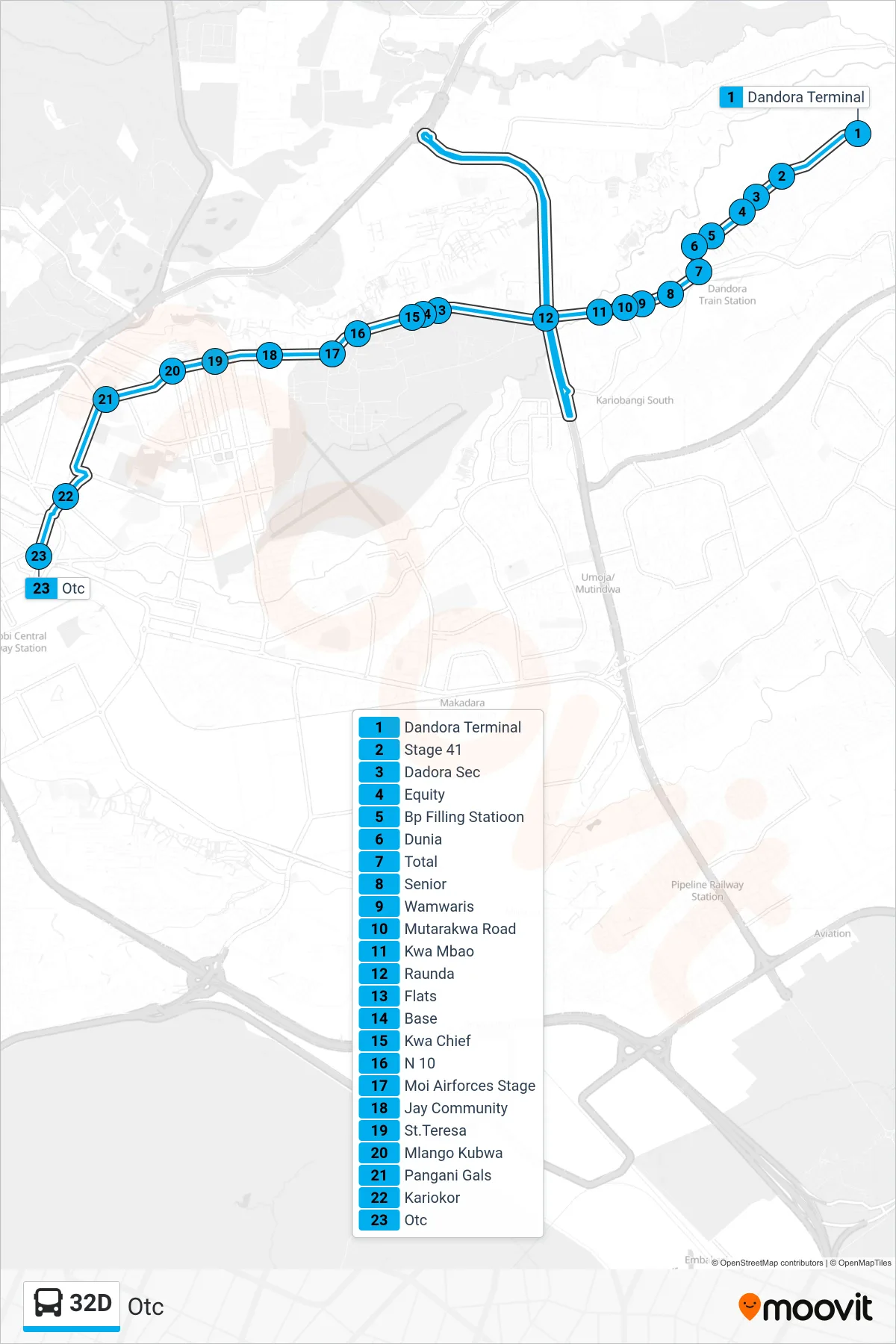 32D bus Line (Otc) route and stops on a map