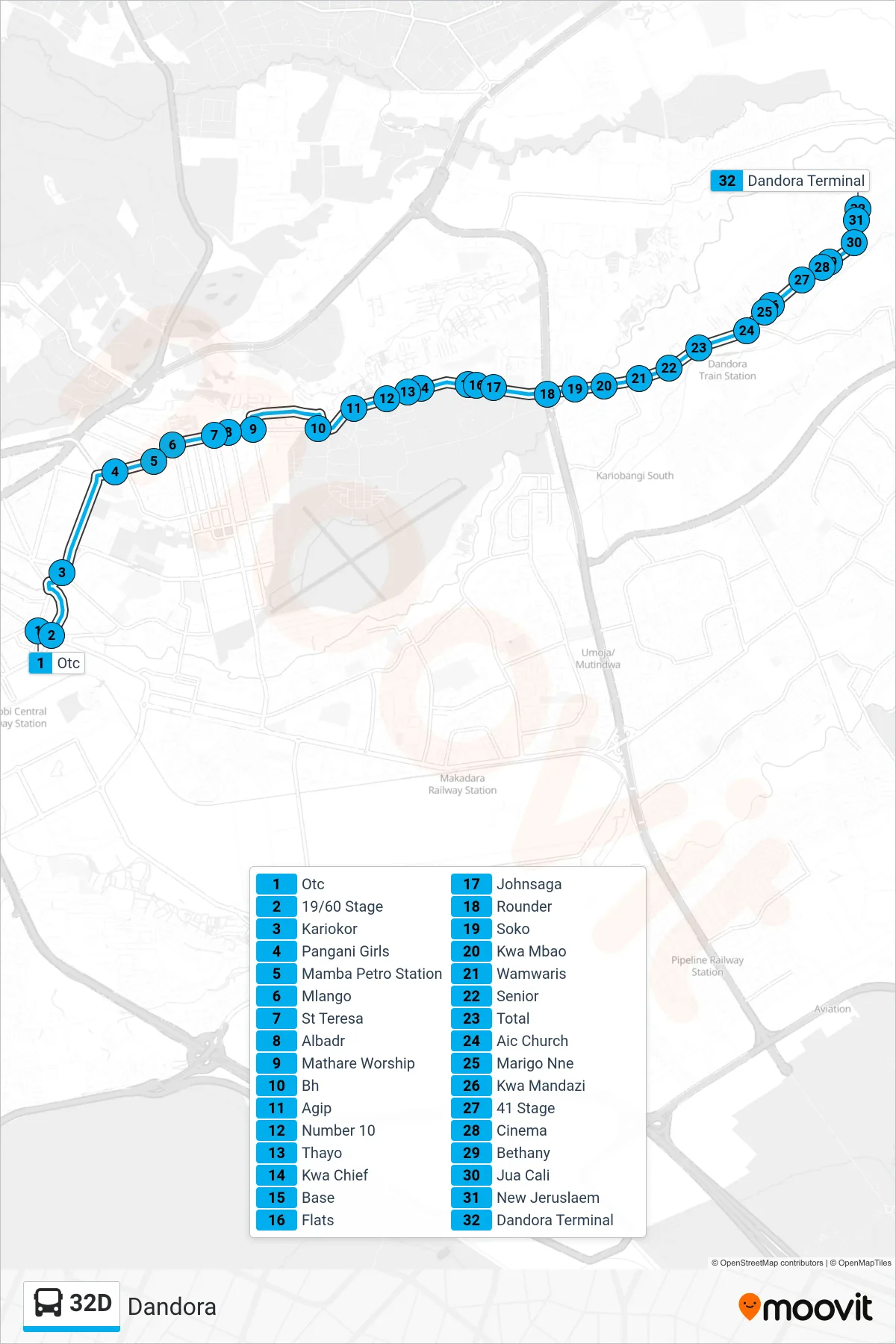 32D bus Line (Dandora) route and stops on a map