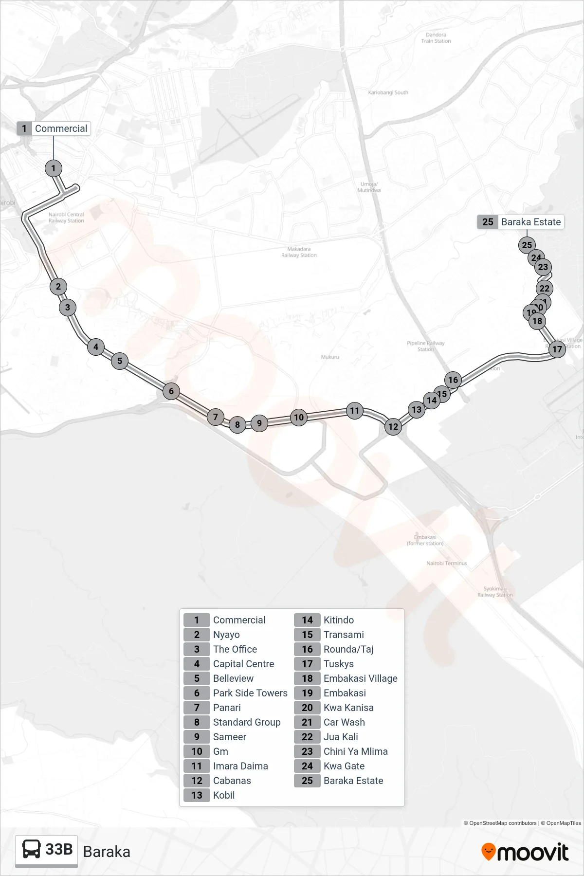 33B bus Line (Baraka) route and stops on a map