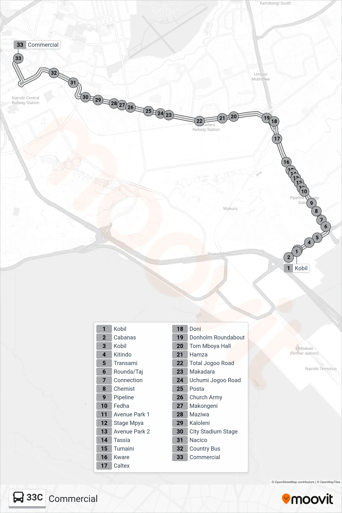 33C bus Line (Commercial) route and stops on a map