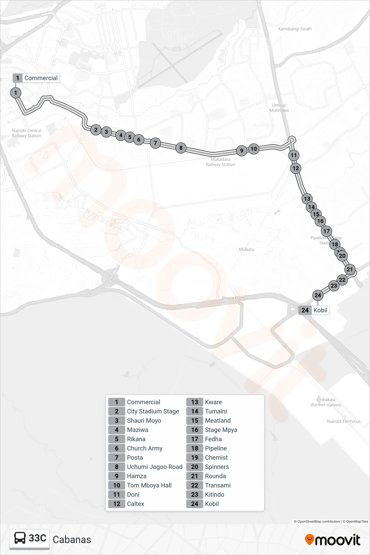 33C bus Line (Cabanas) route and stops on a map