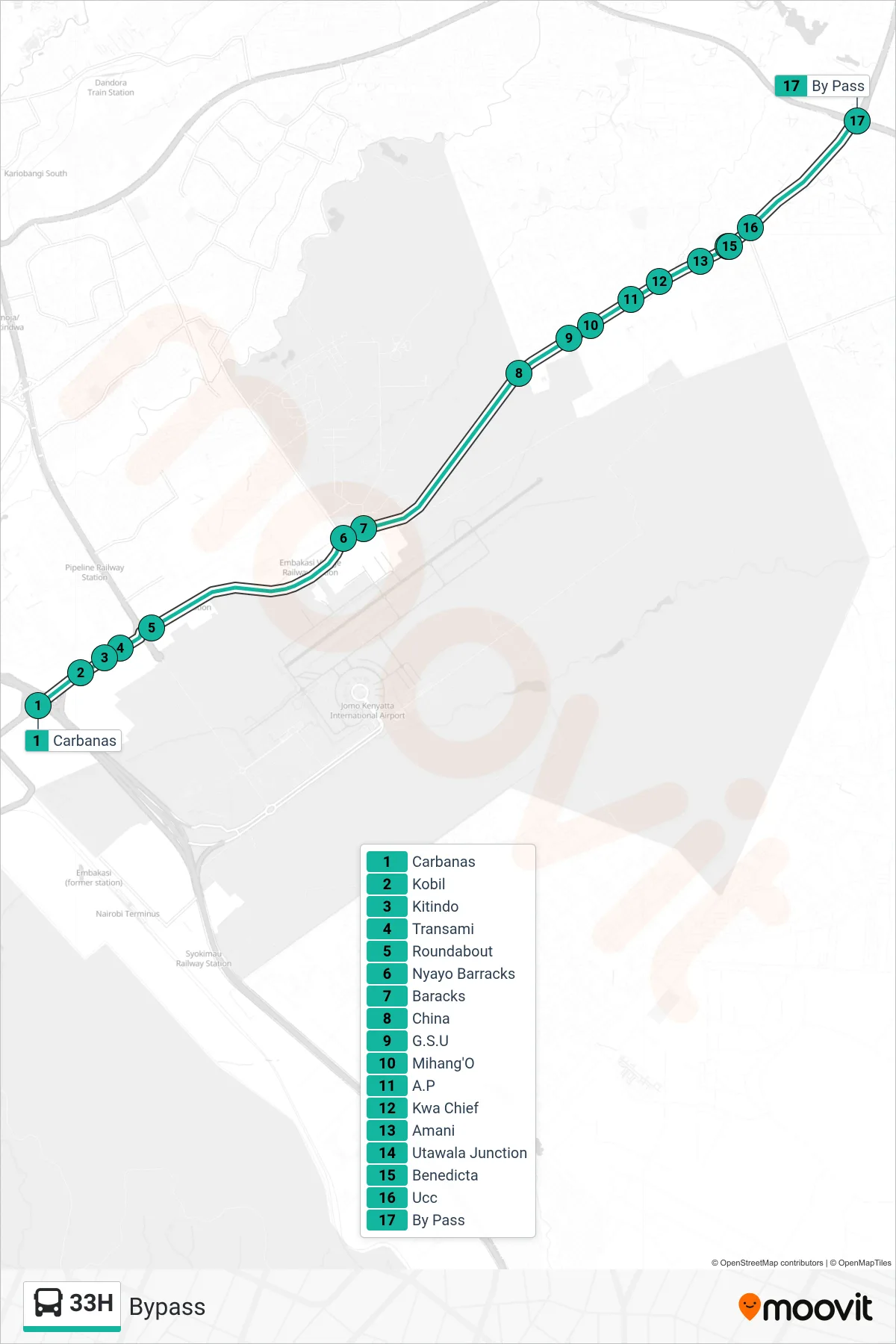 33H bus Line (Bypass) route and stops on a map