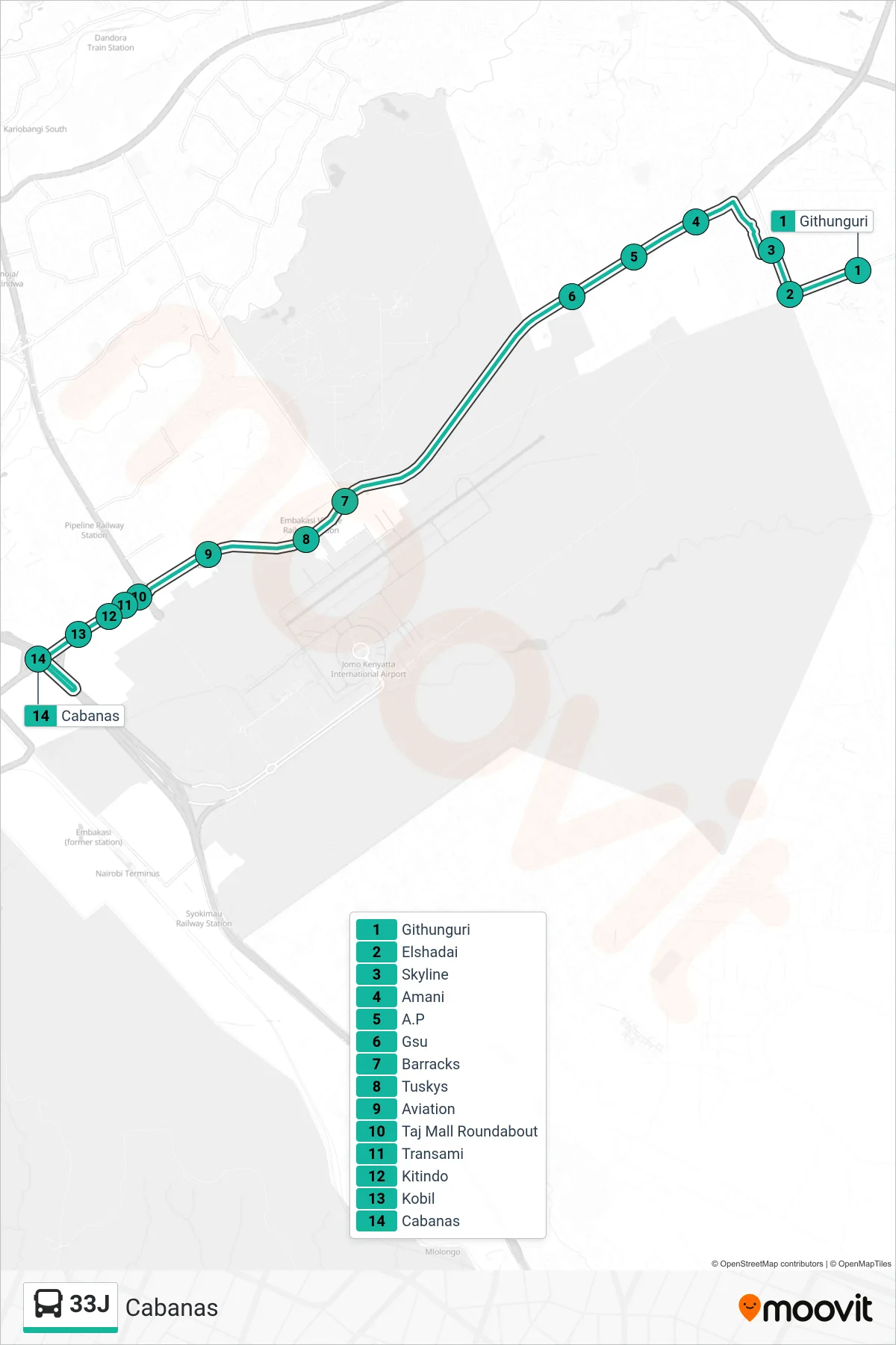 33J bus Line (Cabanas) route and stops on a map