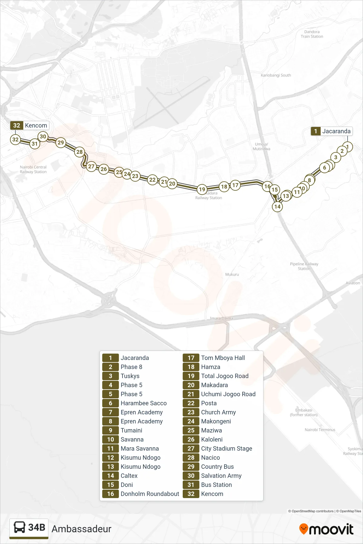 34B bus Line (Ambassadeur) route and stops on a map